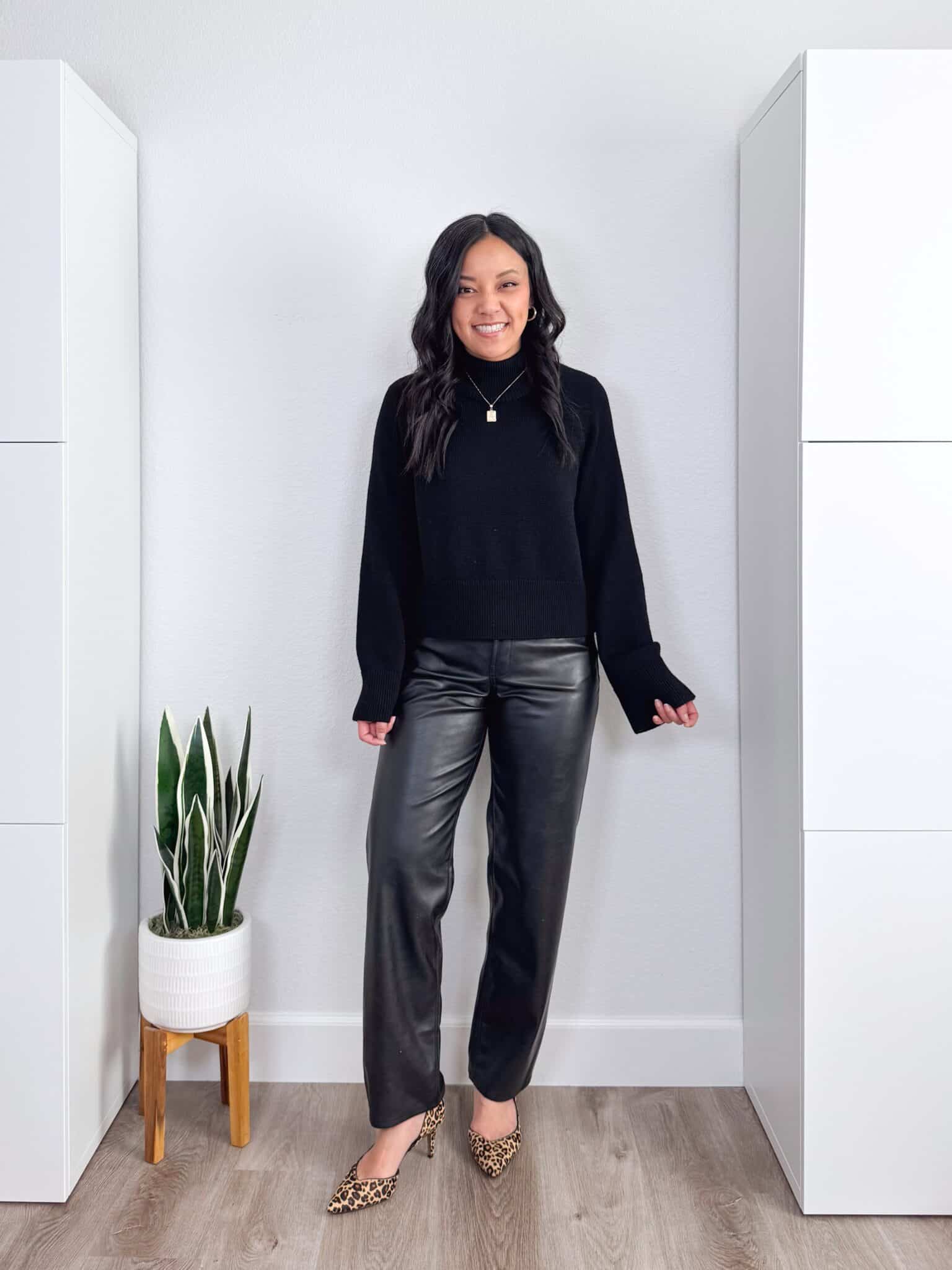 black sweater outfit ideas + putting me together + 10 Black Sweater Outfit Ideas You Can Easily Copy for Winter + versatile black sweater + black leather pants + leopard print heels