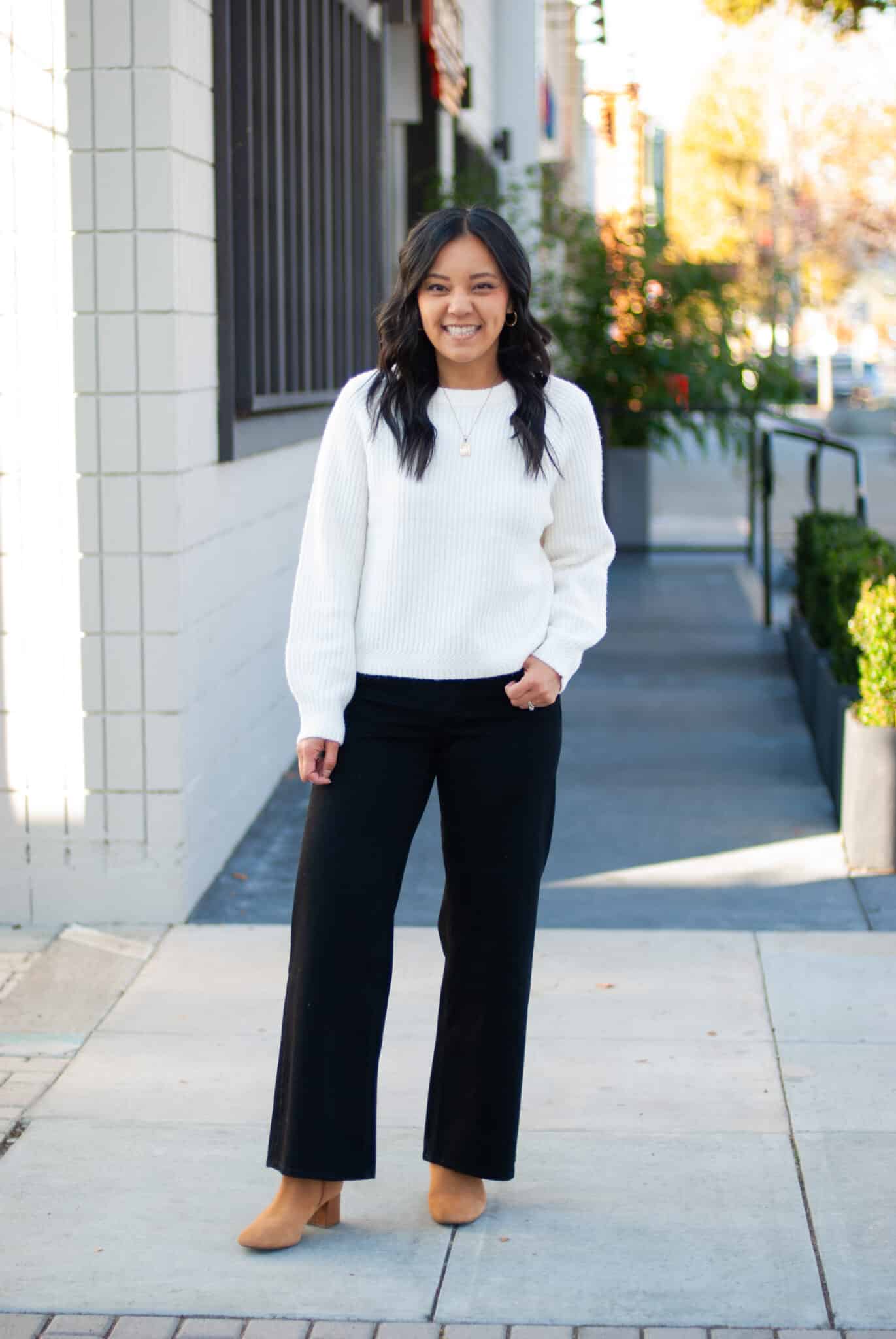 My 7 Must-Have Winter Shoes to Be Effortlessly Pulled Together + putting me together + winter shoes + versatile white sweater + comfortable black wide leg jeans + tan water resistant suede boots