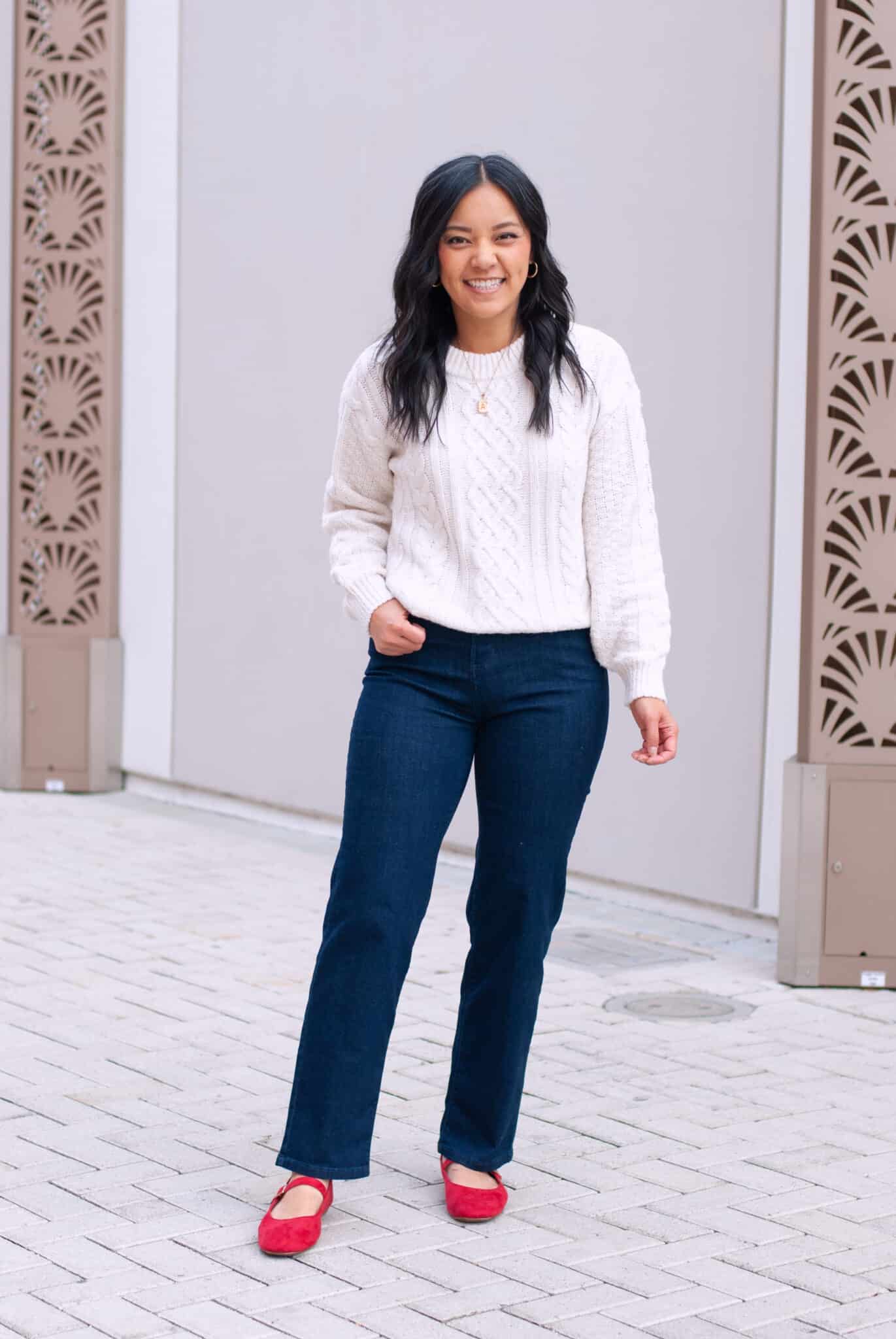 7 Tips & Winter Clothes That Actually Keep You Warm + putting me together + warm winter clothes + cozy white sweater + dark wash straight leg jeans + red flats