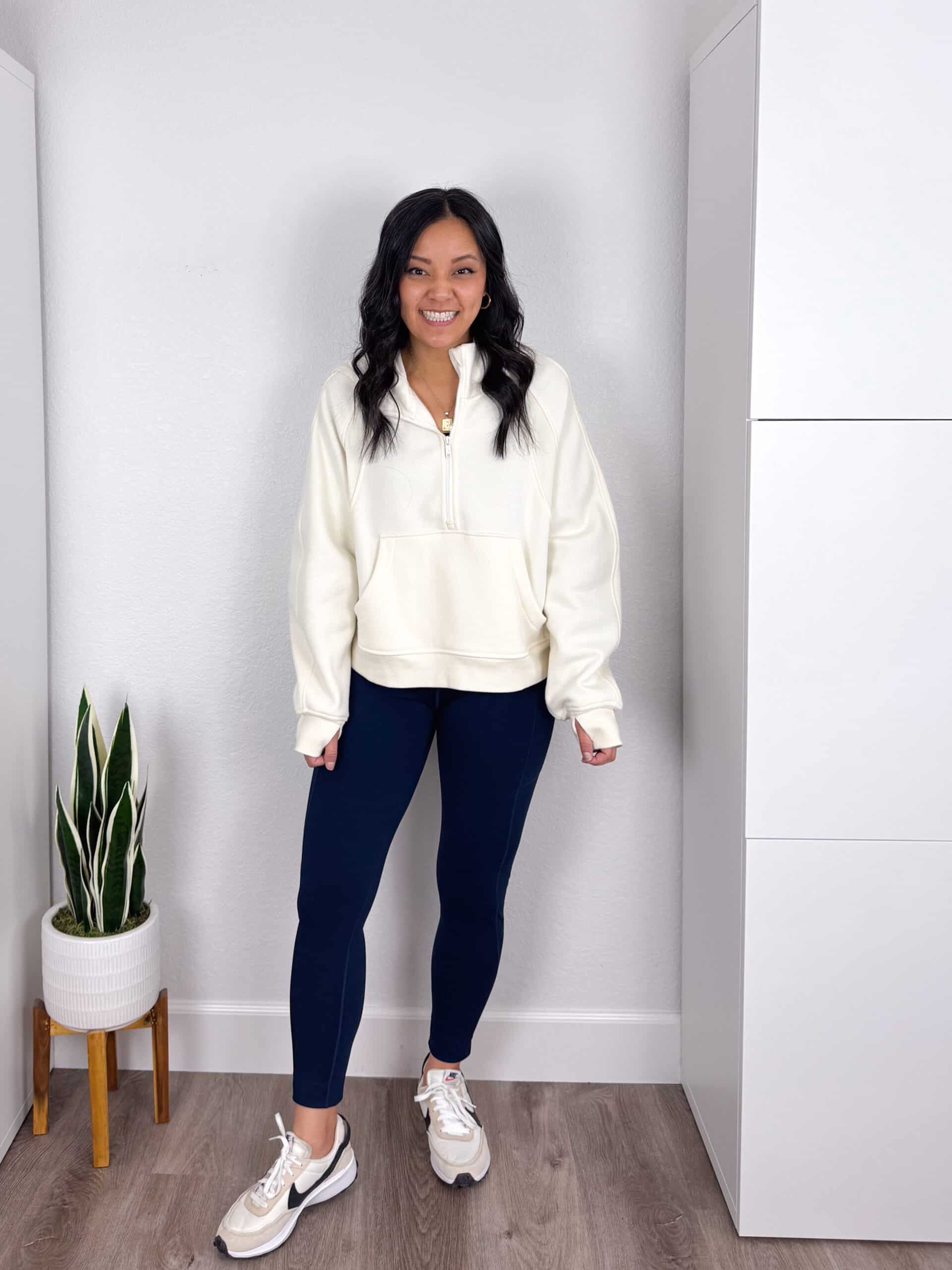 7 Tips & Winter Clothes That Actually Keep You Warm + putting me together + warm winter clothes+ white quarter zip pullover sweatshirt + fleece lined black leggings + white and black Nike sneakers