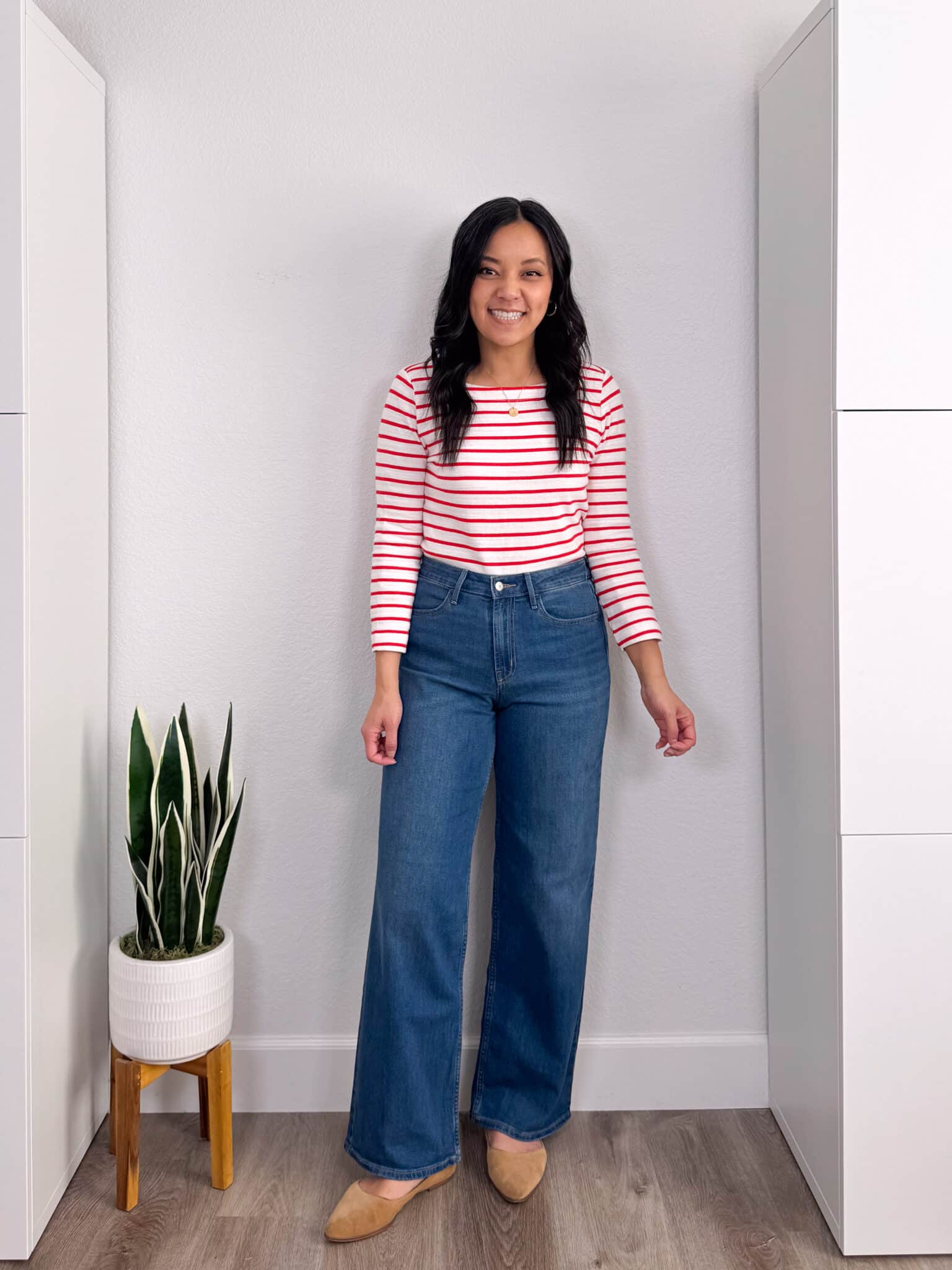 Try-Ons: Quince, LOFT, Old Navy Winners, Nordstrom, and No-Show Underwear + try-ons from some of your faves + putting me together + try ons + versatile red and white striped long sleeve t shirt + affordable wide leg jeans + tan flats