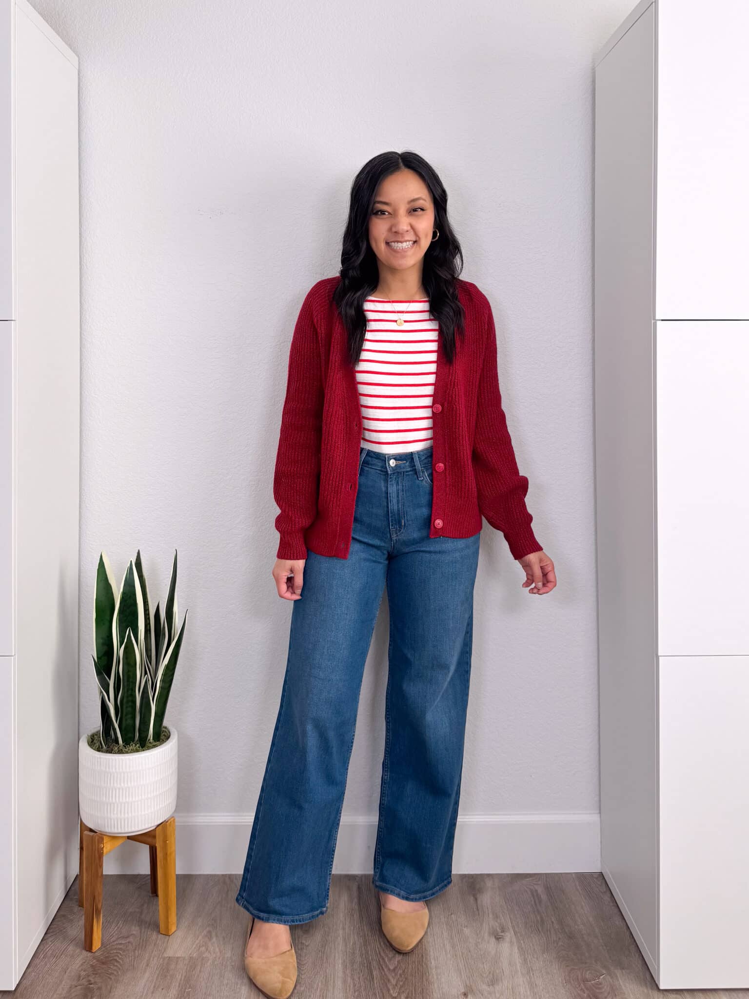 Try-Ons: Quince, LOFT, Old Navy Winners, Nordstrom, and No-Show Underwear + try-ons from some of your faves + putting me together + try ons + updated red cardigan + easy to wear versatile red and white striped long sleeve shirt + affordable wide leg jeans + tan flats