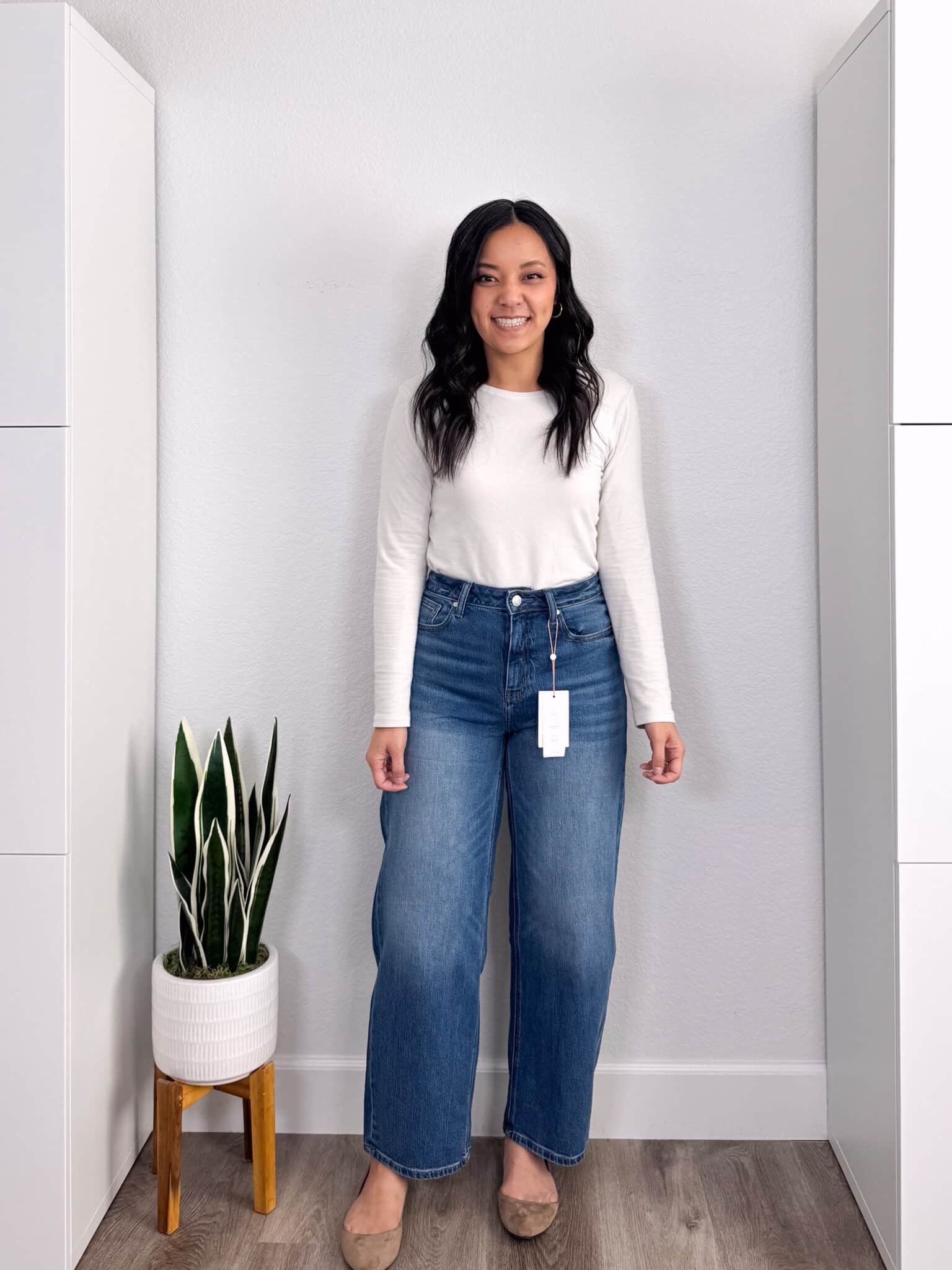 Try-Ons: Quince, LOFT, Old Navy Winners, Nordstrom, and No-Show Underwear + try-ons from some of your faves + putting me together + try ons + white long sleeve t shirt + barrel leg jeans + tan shoes