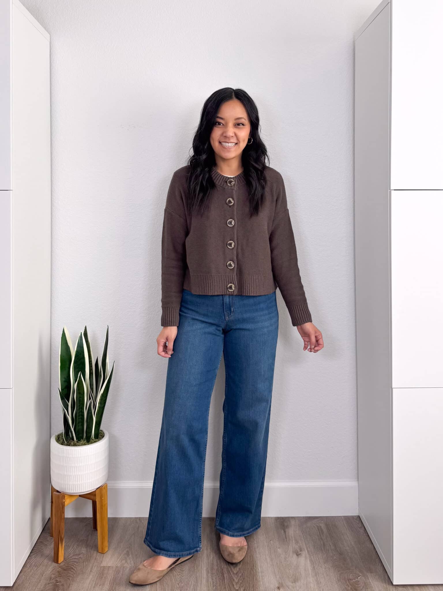 Try-Ons: Quince, LOFT, Old Navy Winners, Nordstrom, and No-Show Underwear + try-ons from some of your faves + putting me together + try ons + stylish tan cardigan sweater + affordable wide leg jeans + tan suede flats