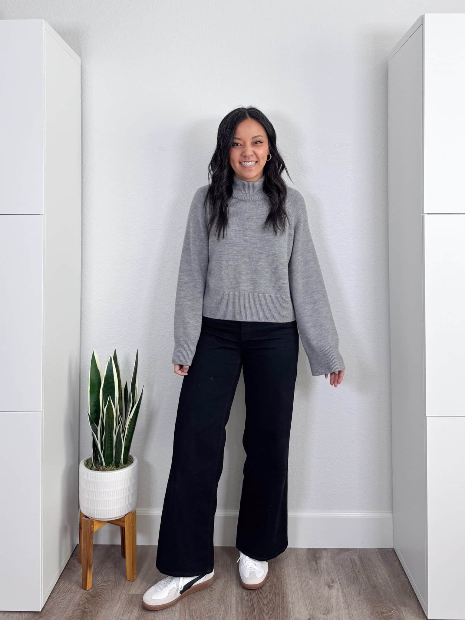 Try-Ons: Quince, LOFT, Old Navy Winners, Nordstrom, and No-Show Underwear + try-ons from some of your faves + putting me together + try ons + comfortable and supportive black wide leg jeans + white and black sneakers + soft grey sweater