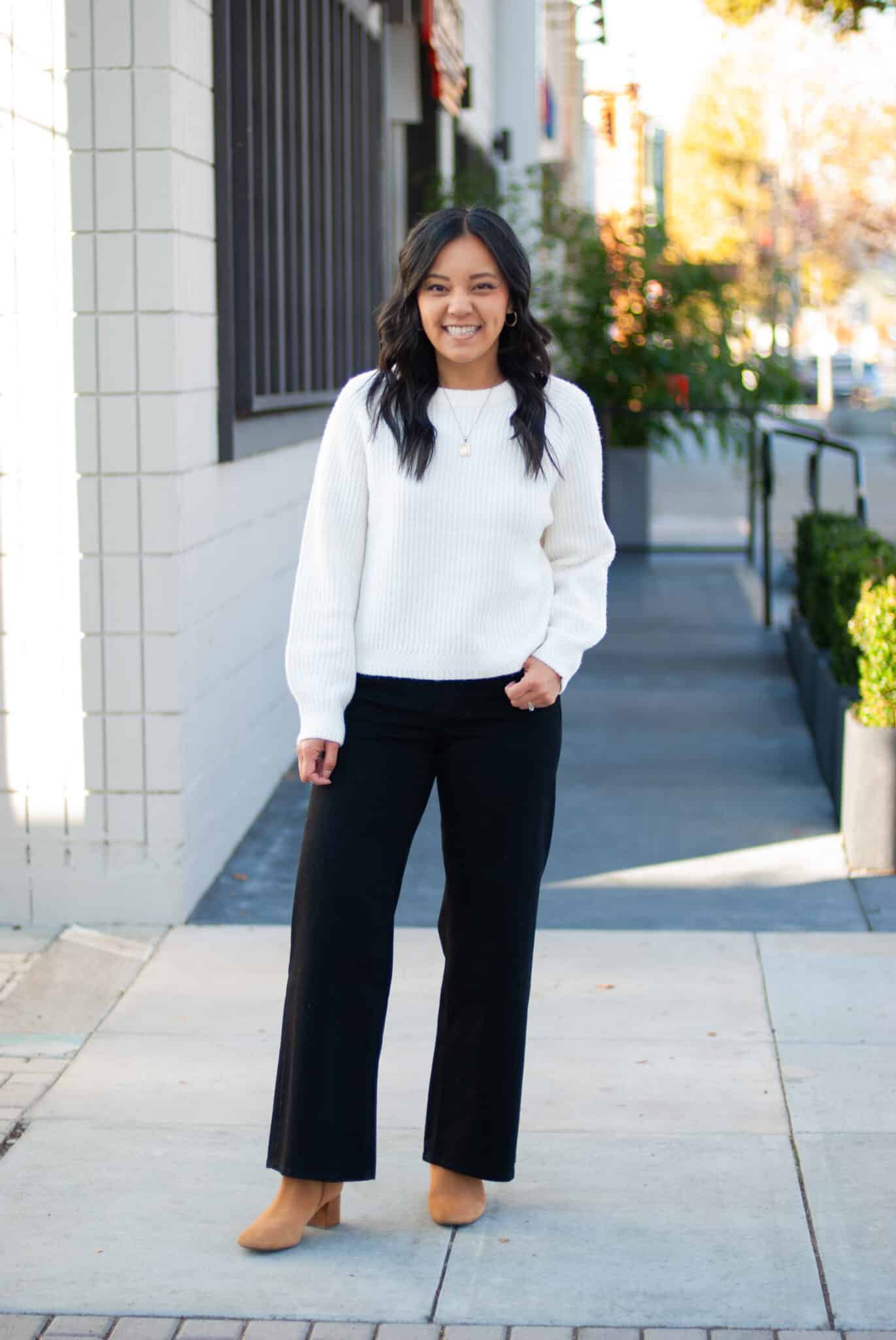 11 Wardrobe Essentials for Women Over 40 The Key Pieces That Make Looking Polished Easy + wardrobe essentials for women over 40 + putting me together + white no tuck no fuss sweater + black jeans + water resistant suede boots