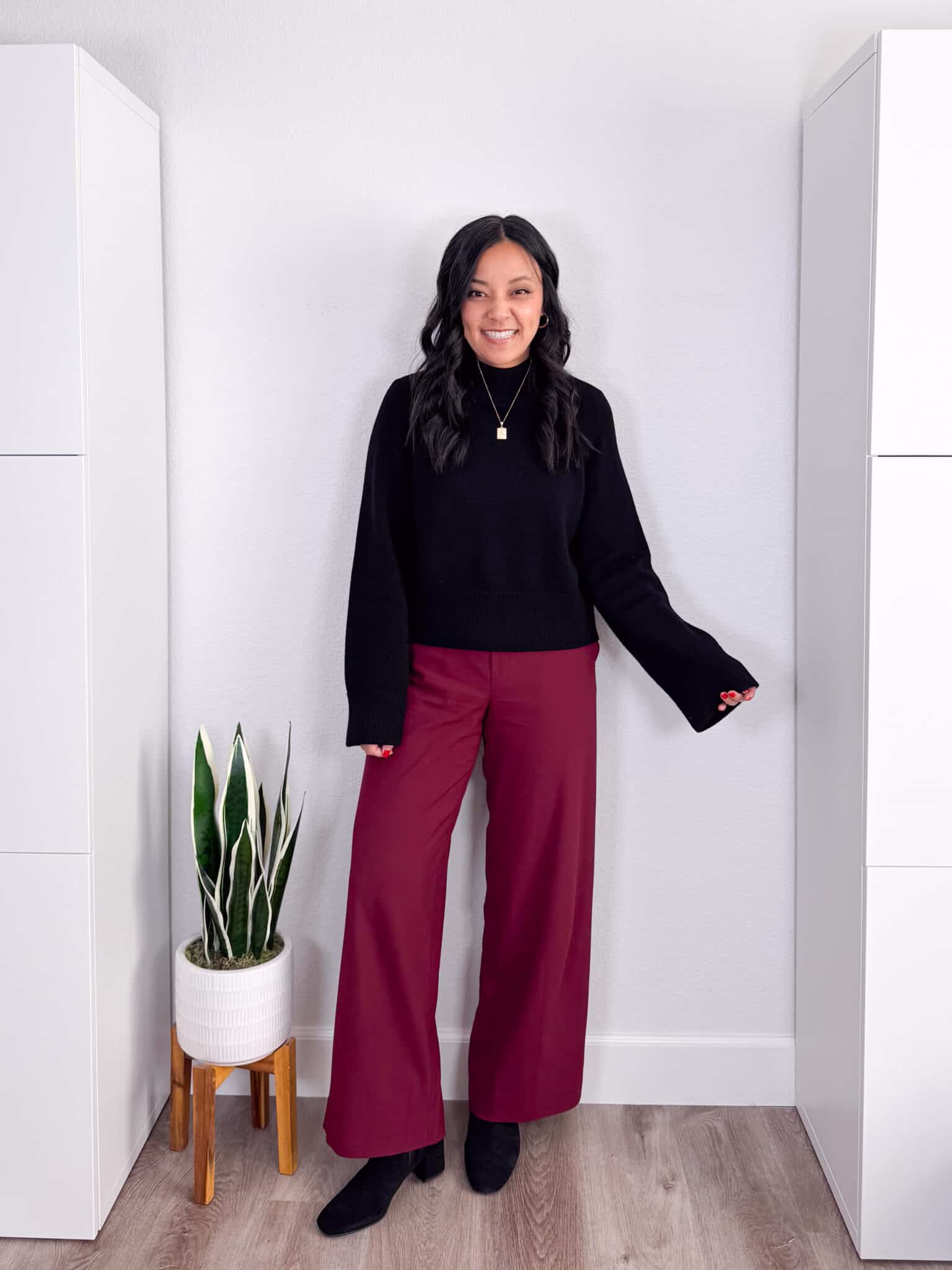 winter work outfits to copy as you go back to work + easy winter work outfits + putting me together + cozy black sweater + comfortable burgundy pants + gray flats + black suede waterproof boots