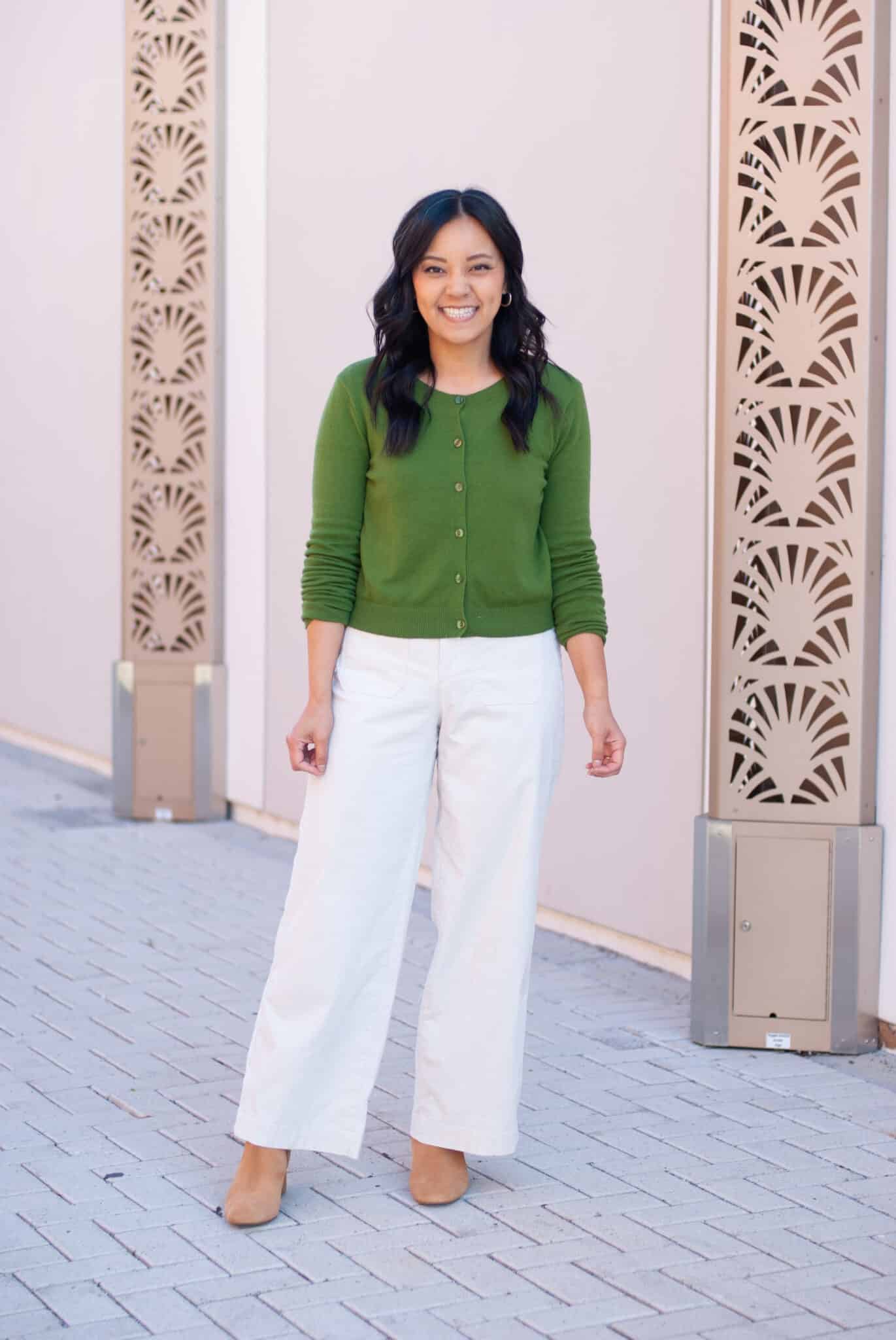 7 Tips & Winter Clothes That Actually Keep You Warm + putting me together + warm winter clothes + soft green cardigan + white corduroy wide leg pans + water resistant suede tan boots