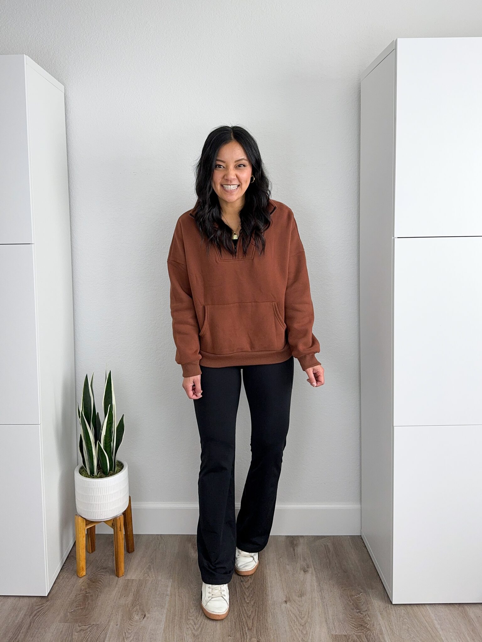 My 7 Must-Have Winter Shoes to Be Effortlessly Pulled Together + putting me together + winter shoes + easy to wear brown pullover quarter zip sweatshirt + fleece lined black leggings + white sneakers