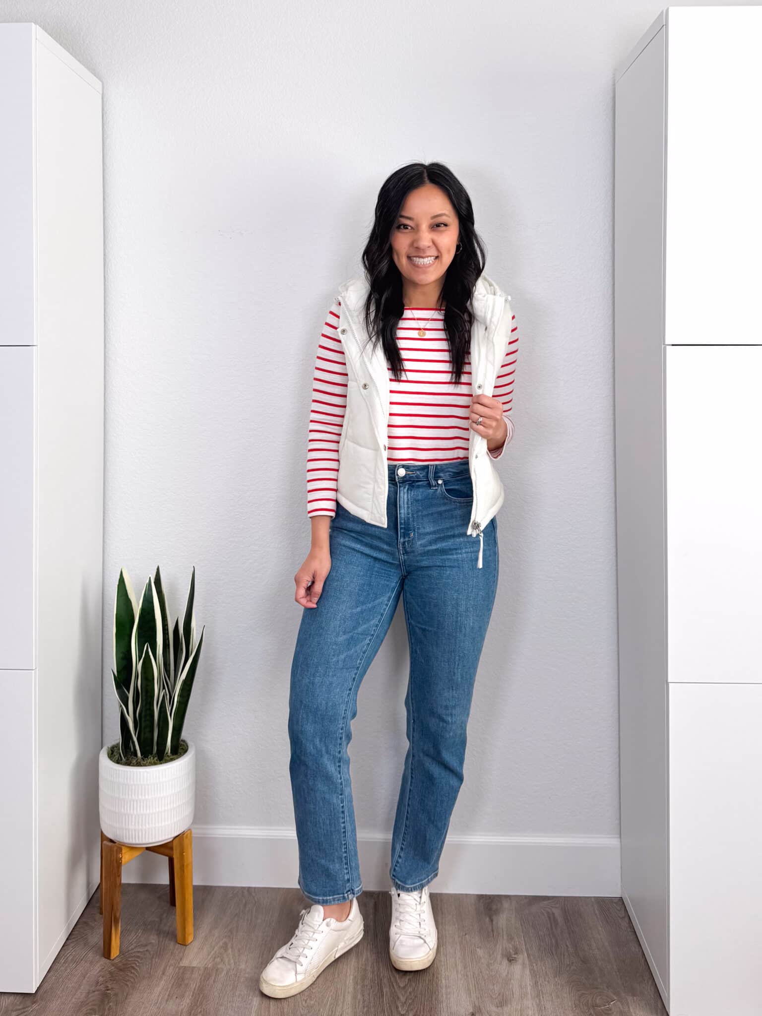 how to style a red and white striped t-shirt + putting me together + How to Style a Red and White Striped T-Shirt: 8 Outfits to Copy + versatile red and white striped tee + stretchy straight leg jeans + white vest + white sneakers