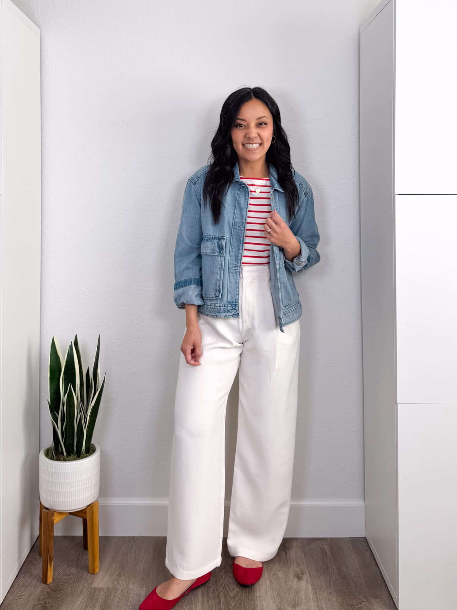 how to style a red and white striped t-shirt + putting me together + How to Style a Red and White Striped T-Shirt: 8 Outfits to Copy + versatile red and white striped tee + dark wash comfortable straight leg jeans + white wide leg trousers + updated denim jacket + red flats