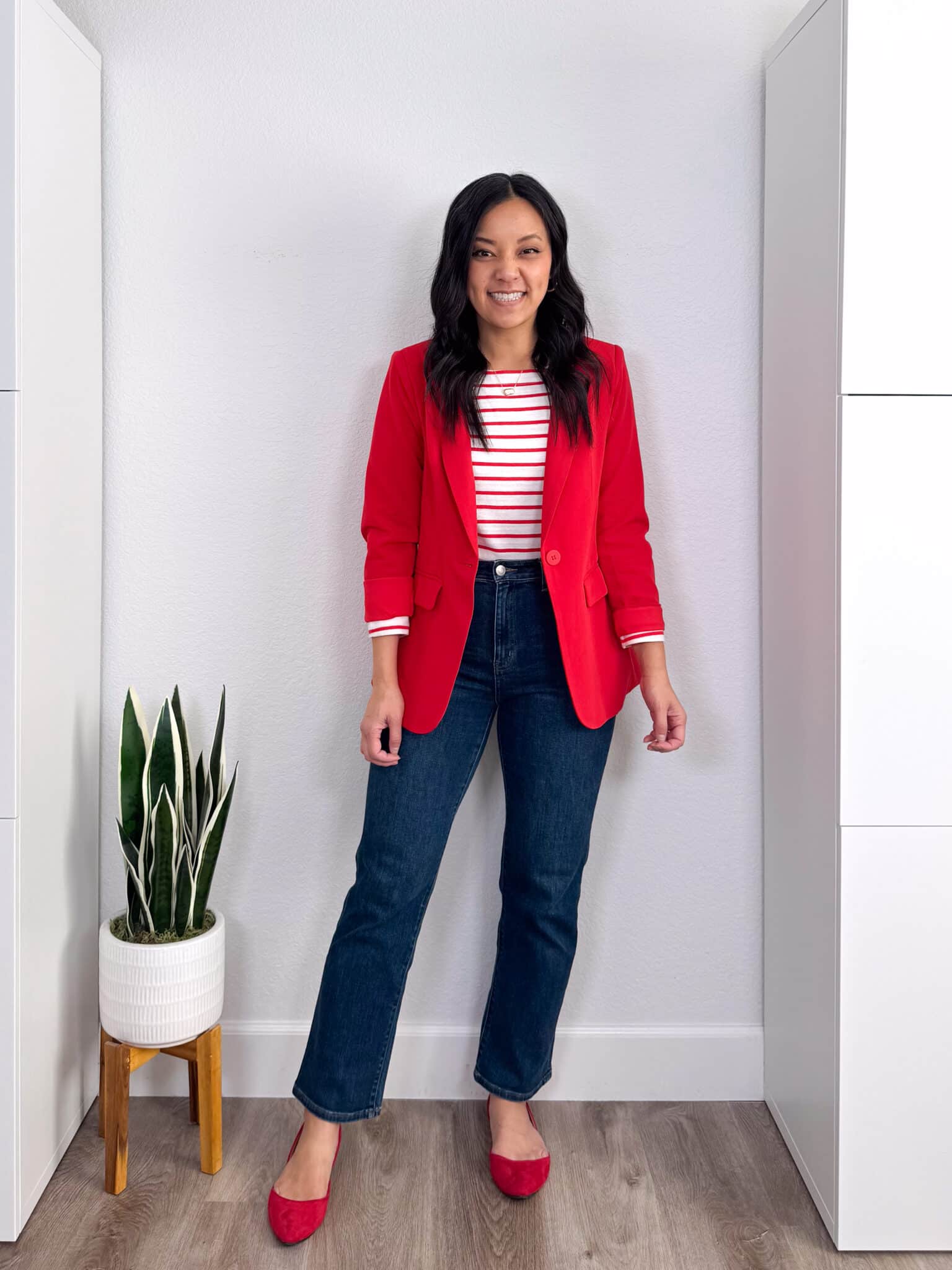 how to style a red and white striped t-shirt + putting me together + How to Style a Red and White Striped T-Shirt: 8 Outfits to Copy + versatile red and white striped tee + dark wash comfortable straight leg jeans + red blazer + white sneakers + red flats