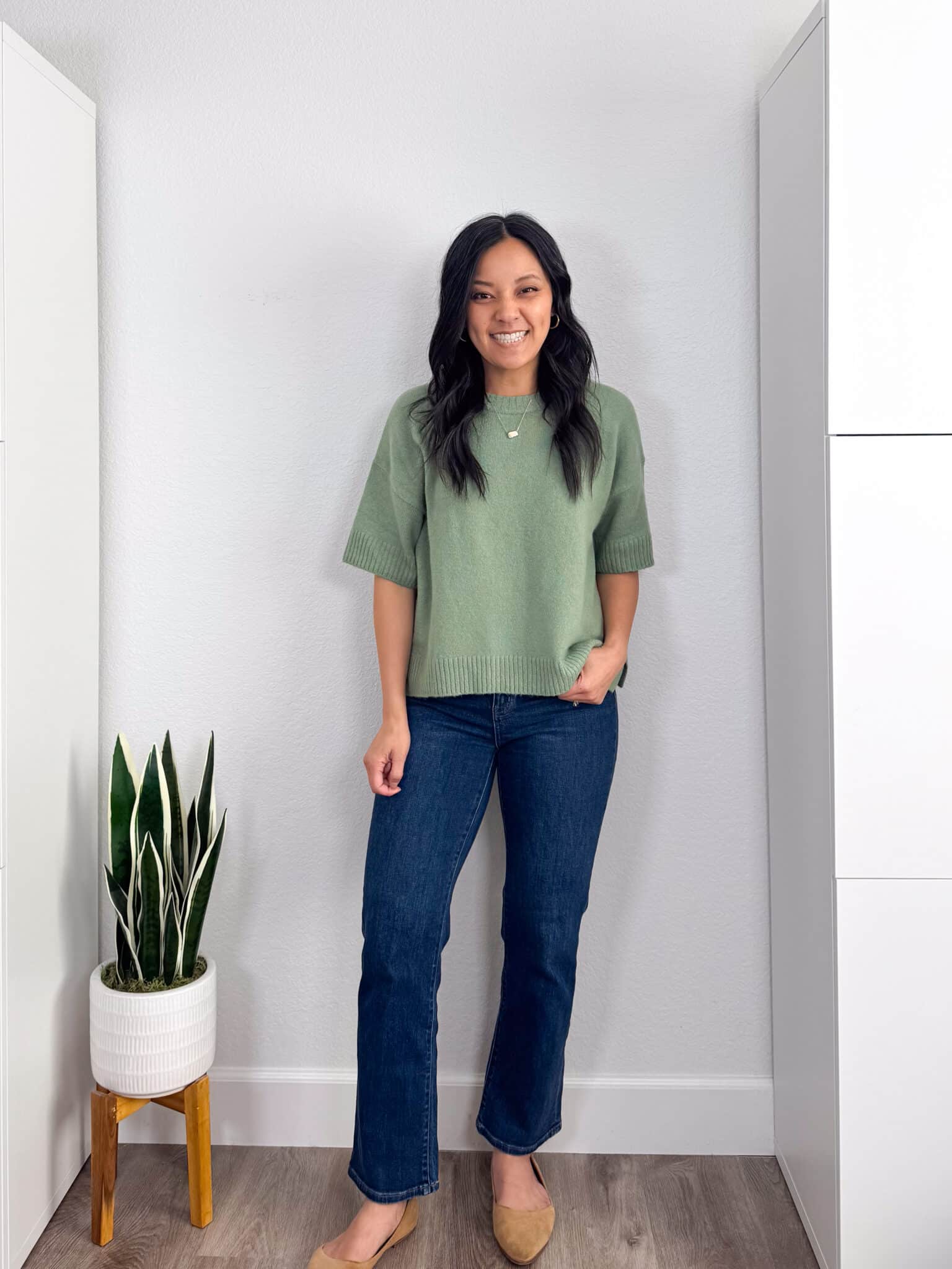 11 Spring Sweaters You Don't Have to Tuck + putting me together + sweaters you don't have to tuck + no tuck sweaters + green soft drop shoulder t shirt sweater + comfortable straight leg jeans + tan flats