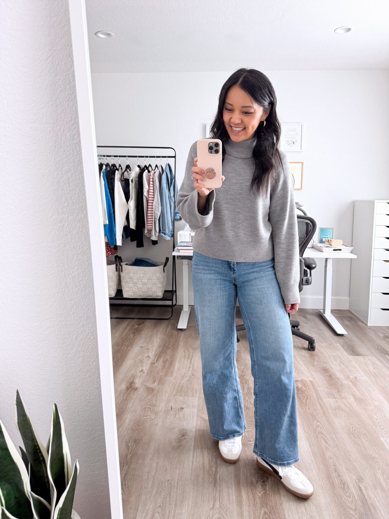 11 Spring Sweaters You Don't Have to Tuck + putting me together + sweaters you don't have to tuck + no tuck sweaters + soft versatile grey sweater + comfortable light wash wide leg jeans + white and tan and black sneakers