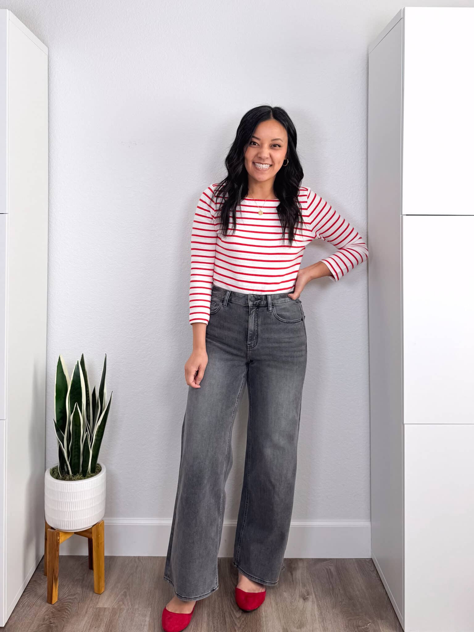 how to style a red and white striped t-shirt + putting me together + How to Style a Red and White Striped T-Shirt: 8 Outfits to Copy + versatile red and white striped tee + grey washed faded black jeans + red flats