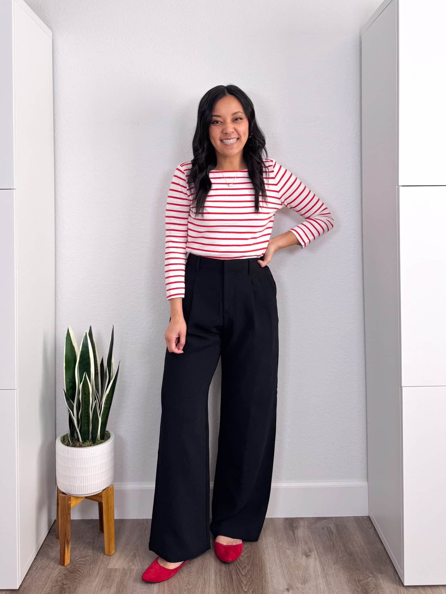 how to style a red and white striped t-shirt + putting me together + How to Style a Red and White Striped T-Shirt: 8 Outfits to Copy + versatile red and white striped tee + versatile black wide leg pants + red flats