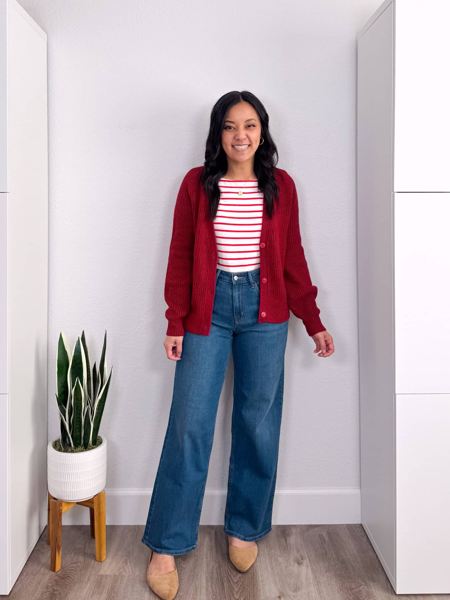 how to dress for spring when it's still cold + putting me together + dress for spring when it's cold + red and white striped shirt + lightweight warm red cardigan + comfortable wide leg jeans + tan flats
