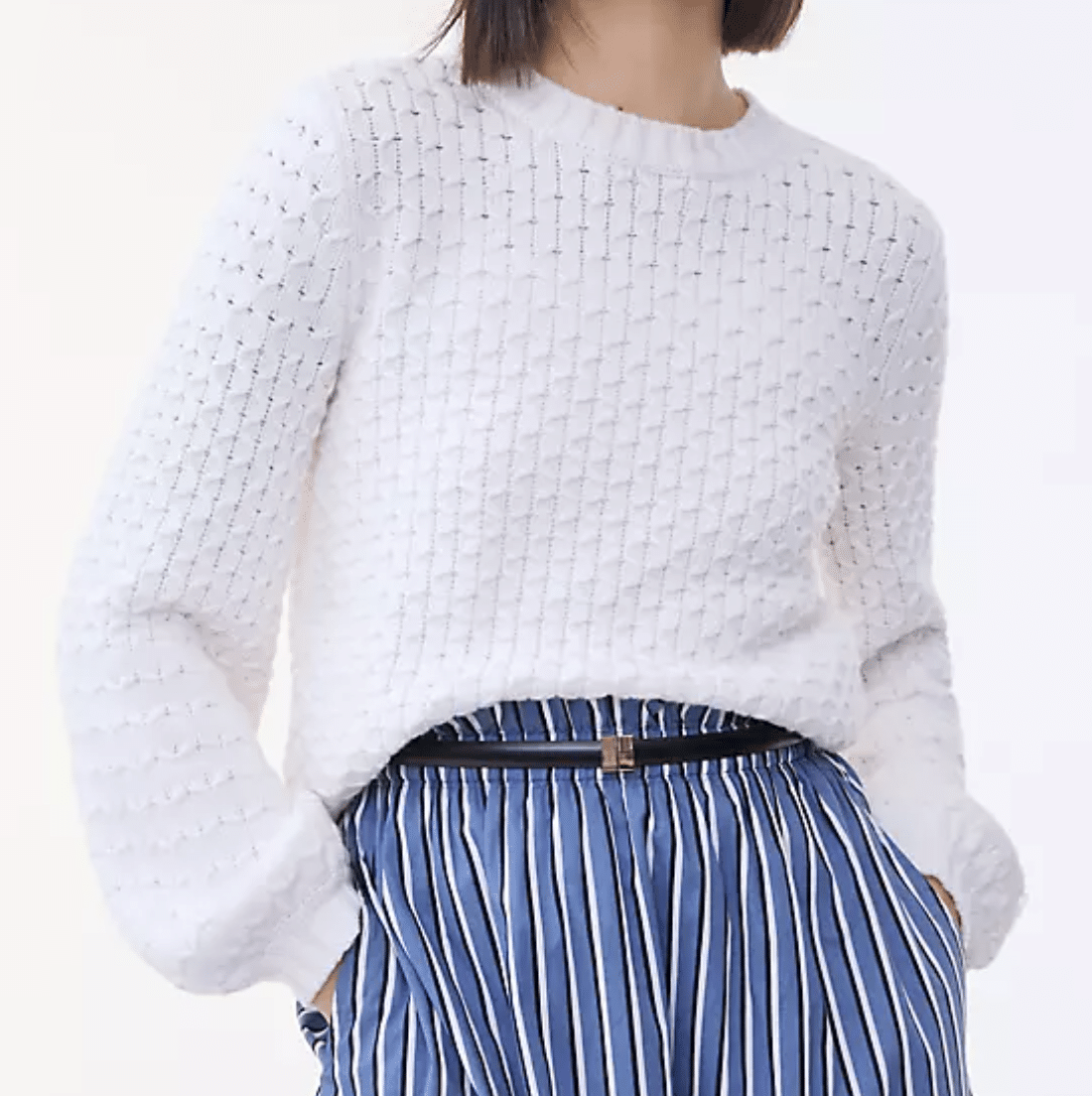 11 Spring Sweaters You Don't Have to Tuck + putting me together + sweaters you don't have to tuck + no tuck sweaters + white honeycomb crewneck sweater