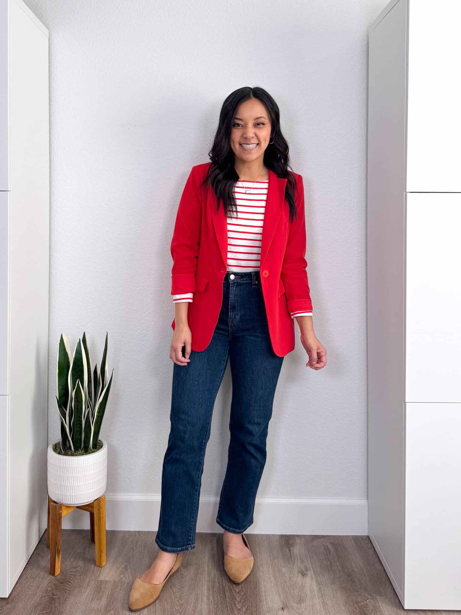 how to style a red and white striped t-shirt + putting me together + How to Style a Red and White Striped T-Shirt: 8 Outfits to Copy + versatile red and white striped tee + dark wash comfortable straight leg jeans + relaxed red blazer + white sneakers + tan flats