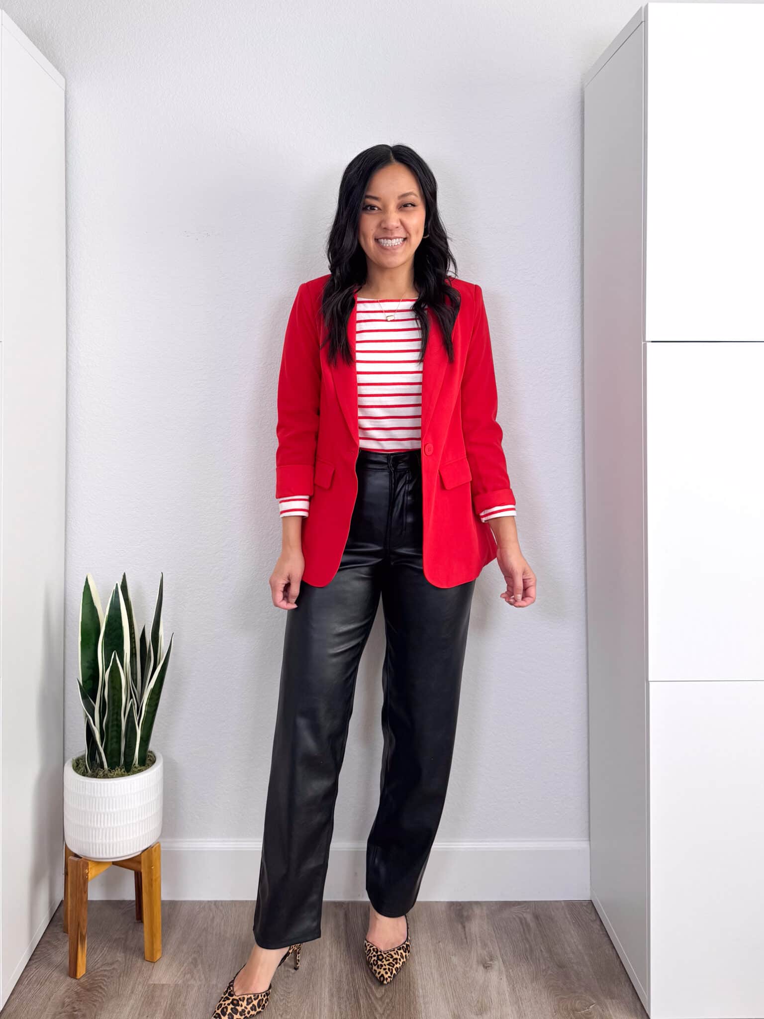 how to style a red and white striped t-shirt + putting me together + How to Style a Red and White Striped T-Shirt: 8 Outfits to Copy + versatile red and white striped tee + faux leather black pants + relaxed red blazer + leopard print heels