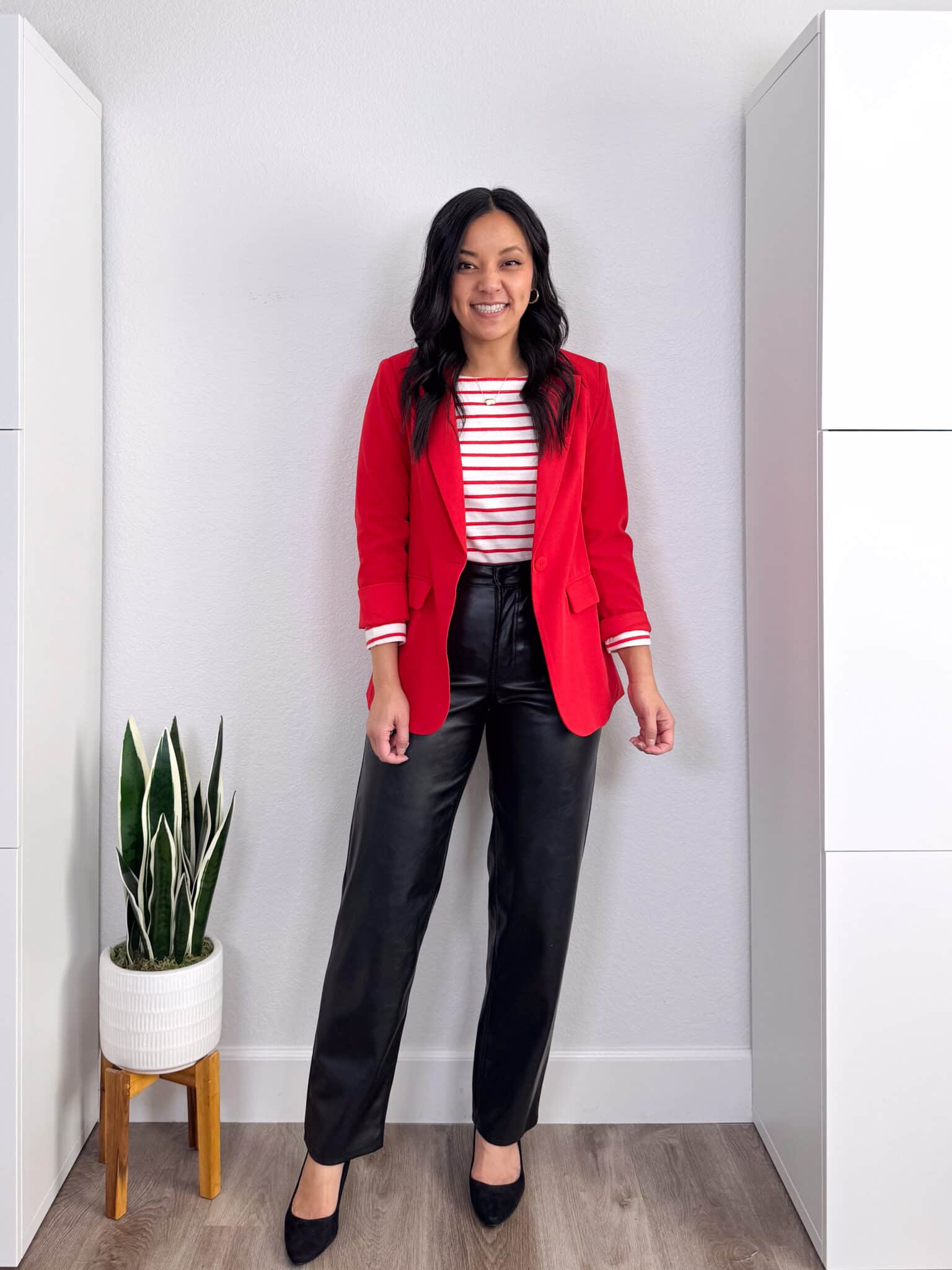 how to style a red and white striped t-shirt + putting me together + How to Style a Red and White Striped T-Shirt: 8 Outfits to Copy + versatile red and white striped tee + faux leather black pants + relaxed red blazer + black heels