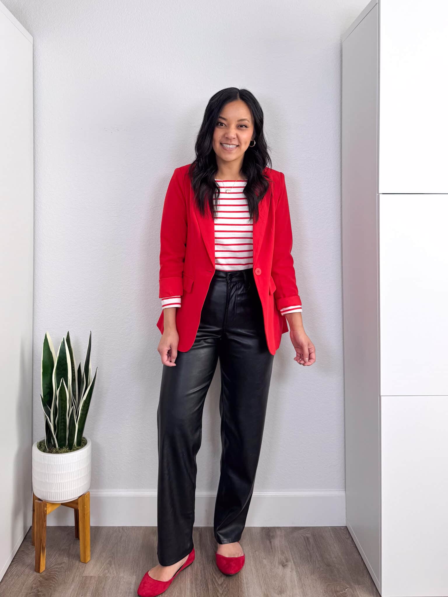 how to style a red and white striped t-shirt + putting me together + How to Style a Red and White Striped T-Shirt: 8 Outfits to Copy + versatile red and white striped tee + faux leather black straight leg pants + relaxed red blazer + red flats