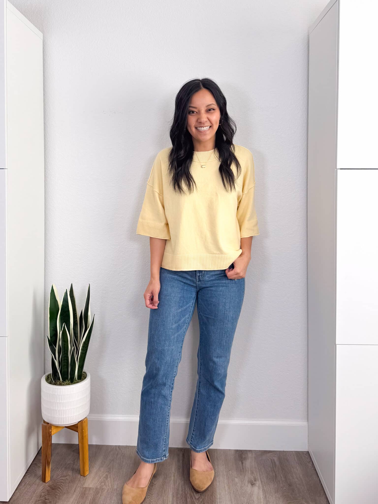 11 Spring Sweaters You Don't Have to Tuck + putting me together + sweaters you don't have to tuck + no tuck sweaters + yellow 3/4 sleeve soft sweater + comfortable straight leg jeans + tan flats