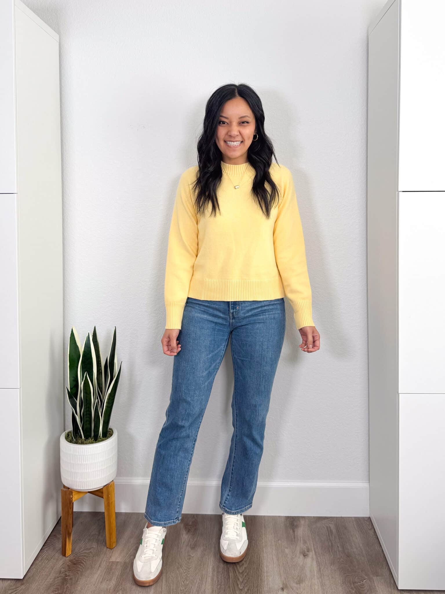11 Spring Sweaters You Don't Have to Tuck + putting me together + sweaters you don't have to tuck + no tuck sweaters + soft yellow sweater + comfortable straight leg jeans + white and green sneakers