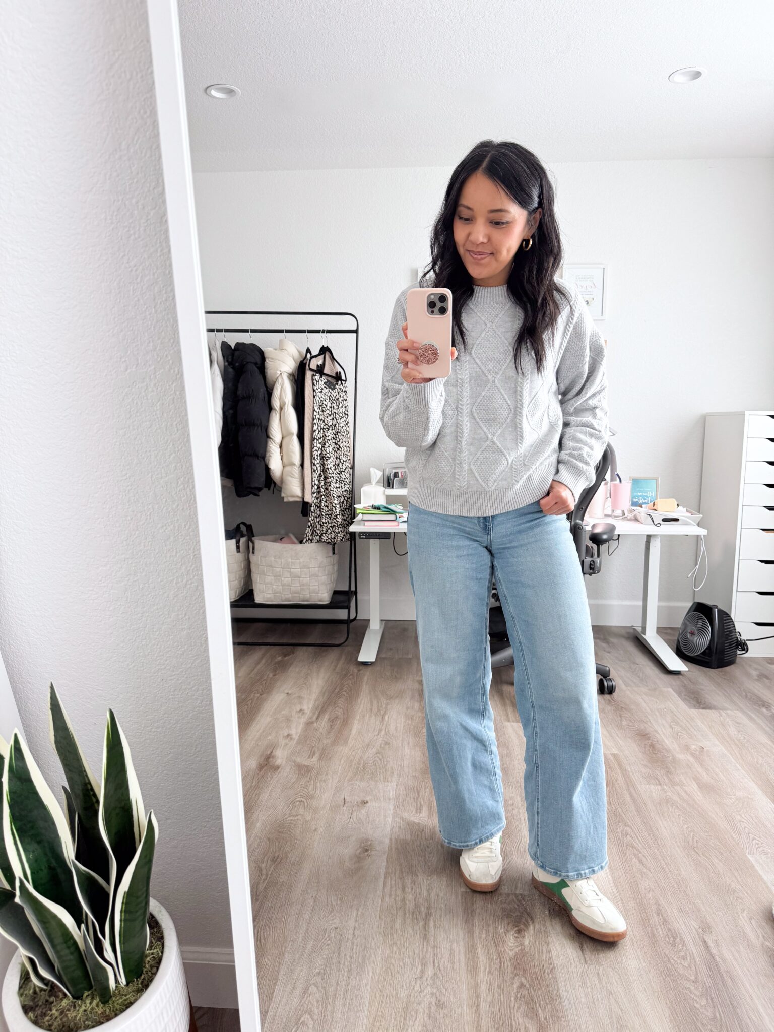 how to dress for spring when it's still cold + putting me together + dress for spring when it's cold + grey cable knit textured sweater + comfortable wide leg jeans + affordable white sneakers