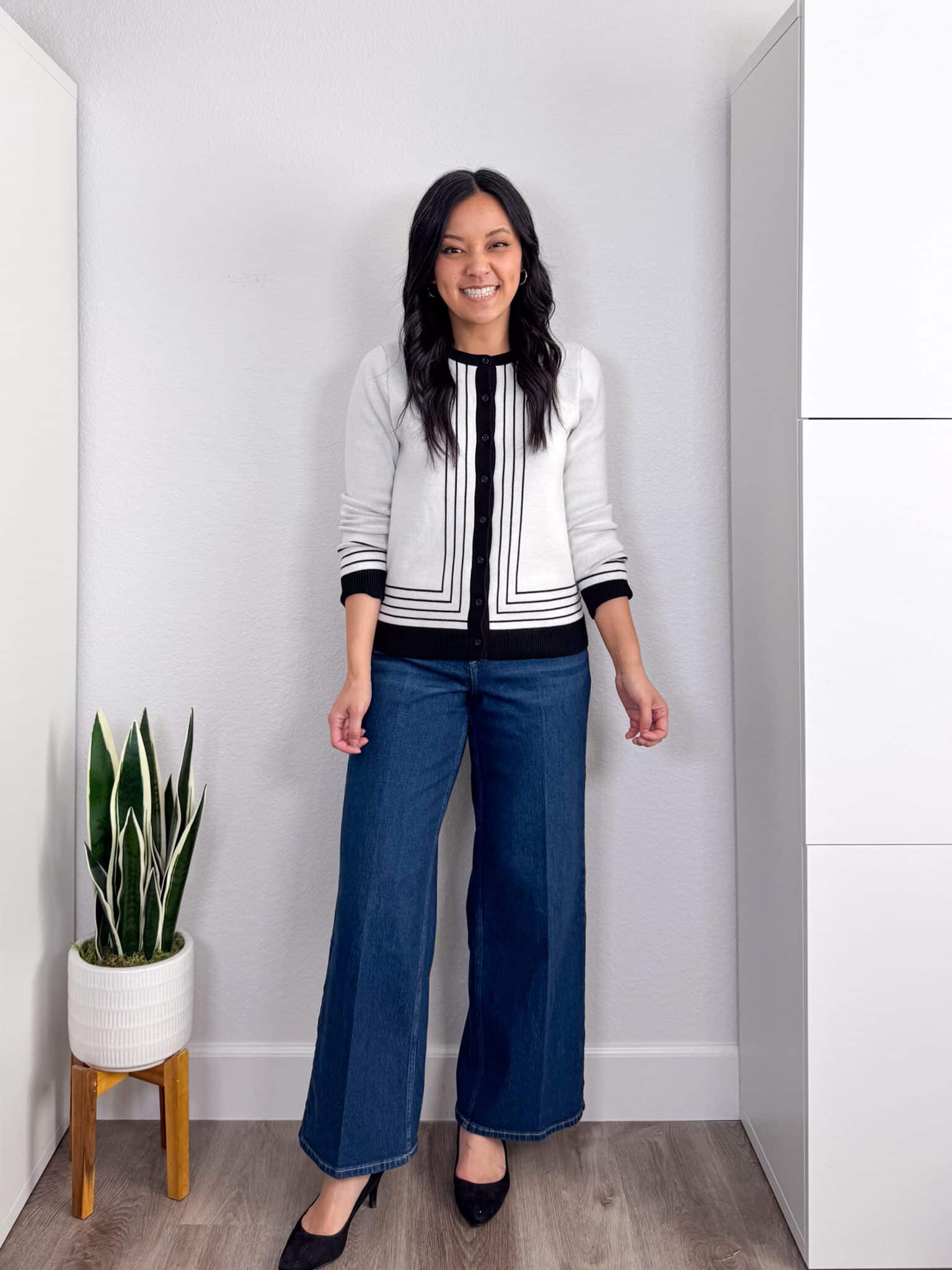 spring try-on haul + putting me together + Spring Try-On Haul: Fun Pieces That Are Stylish, Fresh, and Easy to Wear from Amazon, Old Navy, Ann Taylor, Spanx, and More + black and white cardigan + comfortable wide leg jeans + versatile black suede heels