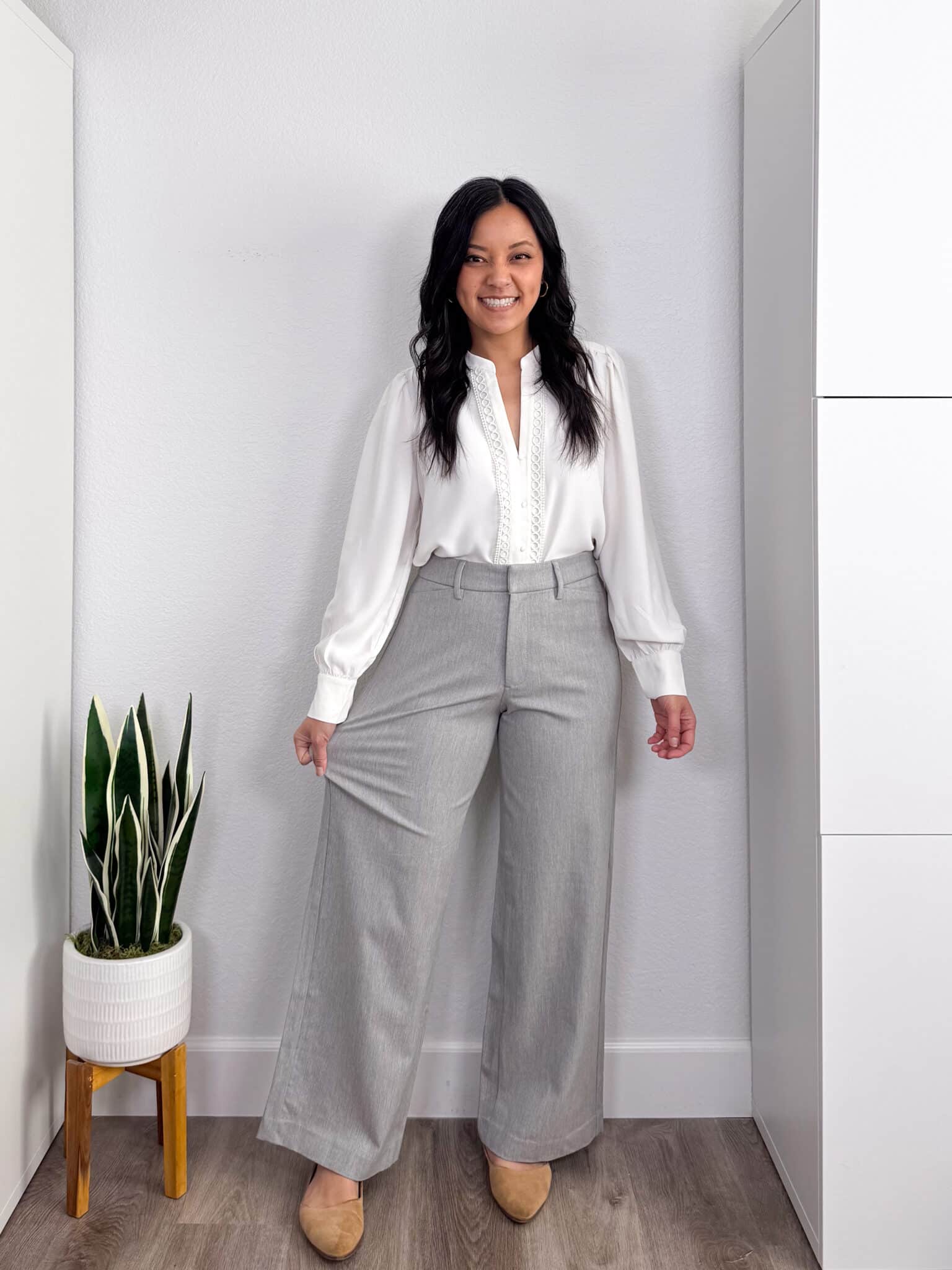 spring try-on haul + putting me together + Spring Try-On Haul: Fun Pieces That Are Stylish, Fresh, and Easy to Wear from Amazon, Old Navy, Ann Taylor, Spanx, and More + pretty white blouse with lace details + stretchy and flattering wide leg gray trouser pants + tan flats