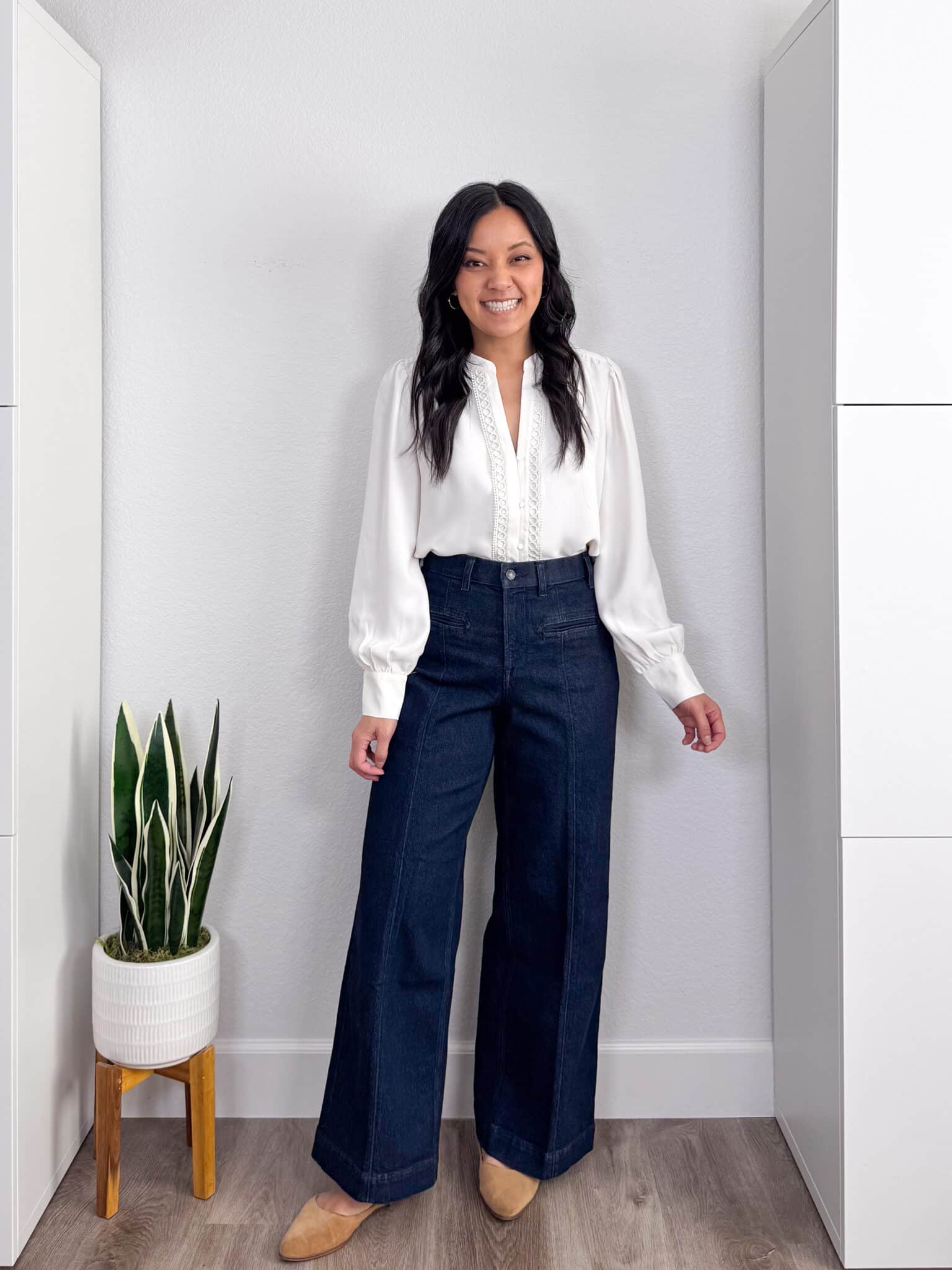 spring try-on haul + putting me together + Spring Try-On Haul: Fun Pieces That Are Stylish, Fresh, and Easy to Wear from Amazon, Old Navy, Ann Taylor, Spanx, and More + pretty white blouse + easy to wear wide leg jeans + tan flats