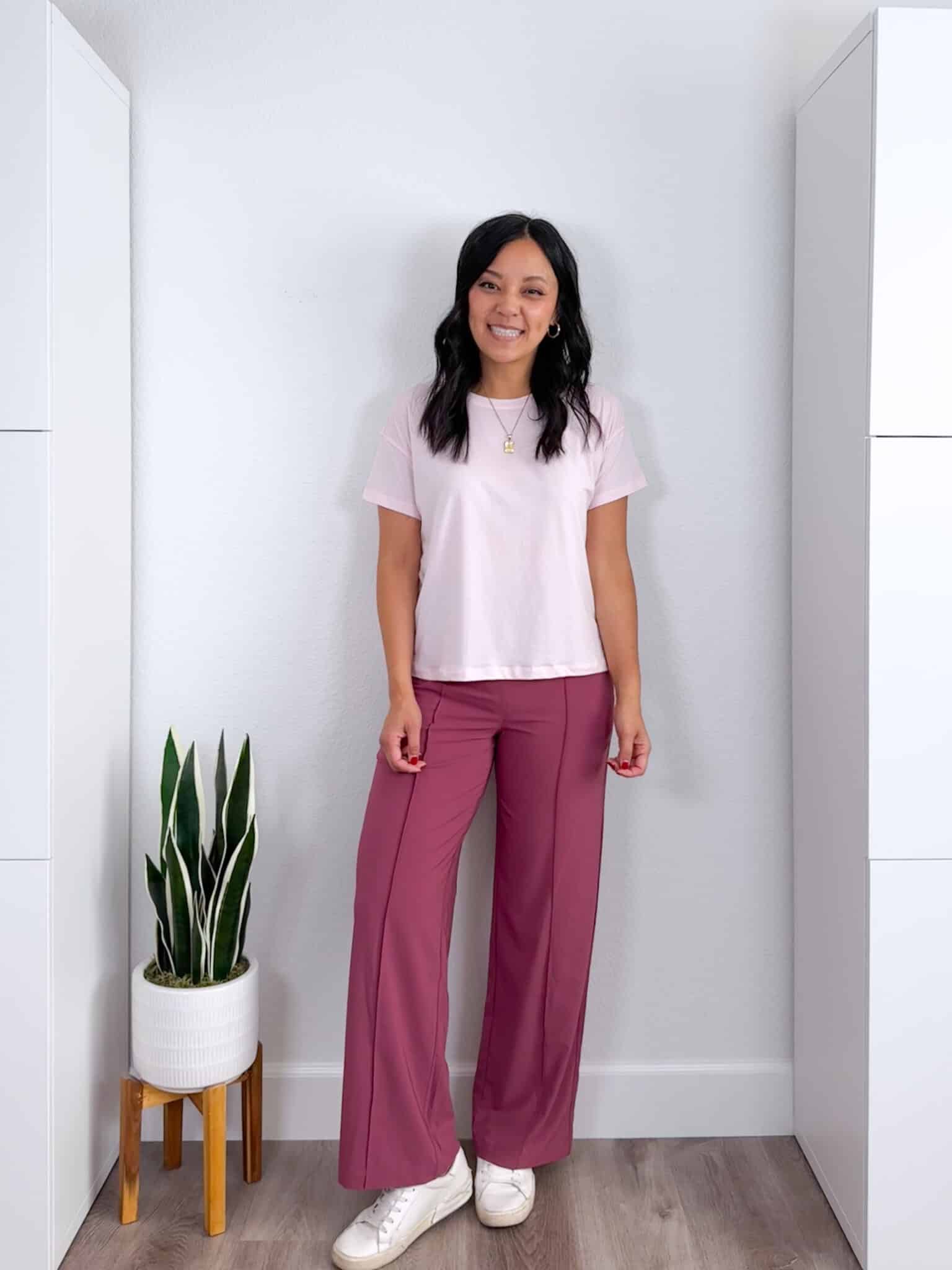 12 really affordable spring favorites from Amazon + Amazon items for spring + putting me together + easy to wear pink athleisure t-shirt + comfortable dark pink wide leg soft pants