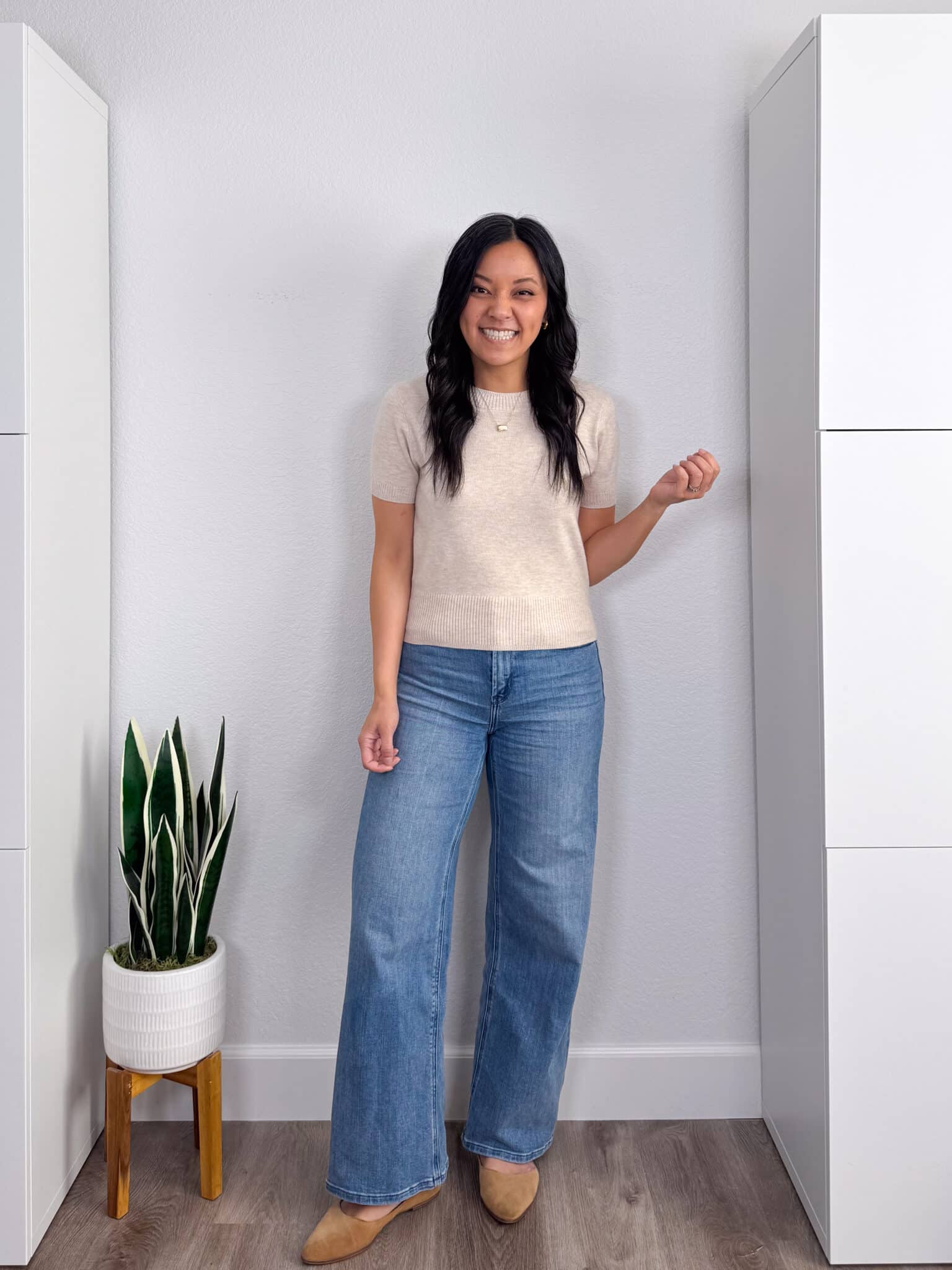 spring try-on haul + putting me together + Spring Try-On Haul: Fun Pieces That Are Stylish, Fresh, and Easy to Wear from Amazon, Old Navy, Ann Taylor, Spanx, and More + versatile black t-shirt + soft short sleeve tanspring sweater + comfortable medium wash wide leg jeans + tan flats