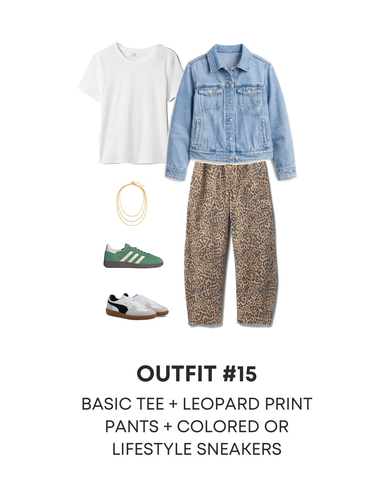 Four Cute Casual Spring Outfits — Spring 2026 Guide NOW AVAILABLE! + spring outfits to copy from the spring guide + putting me together + white t shirt + barrel leg leopard print pants + versatile denim jacket + green sneakers