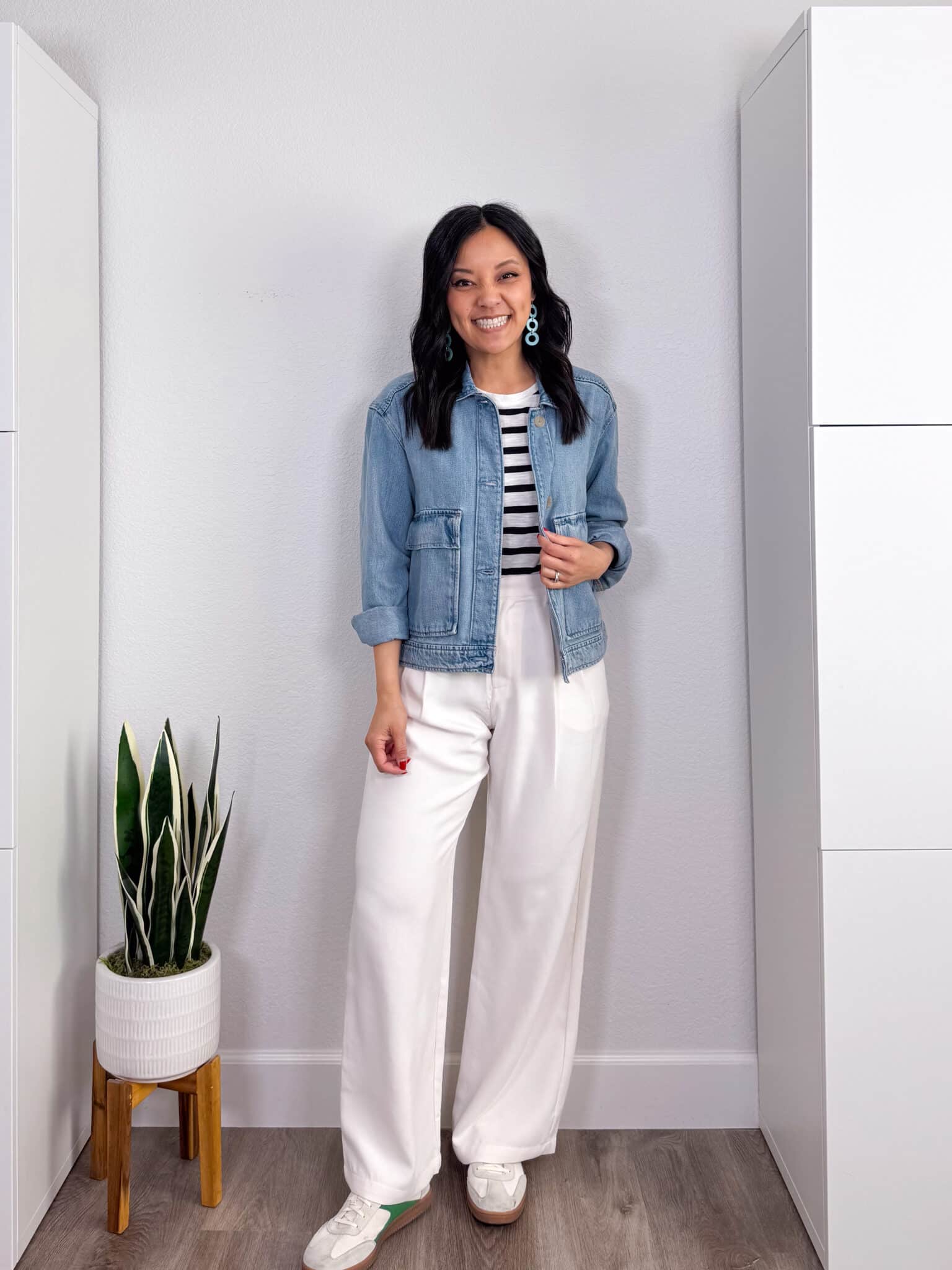 Casual Spring Capsule Wardrobe for 2026 (30 Pieces, 88 Easy Outfit Combos) + putting me together + casual capsule wardrobe + striped tee + denim jacket + white wide leg trousers