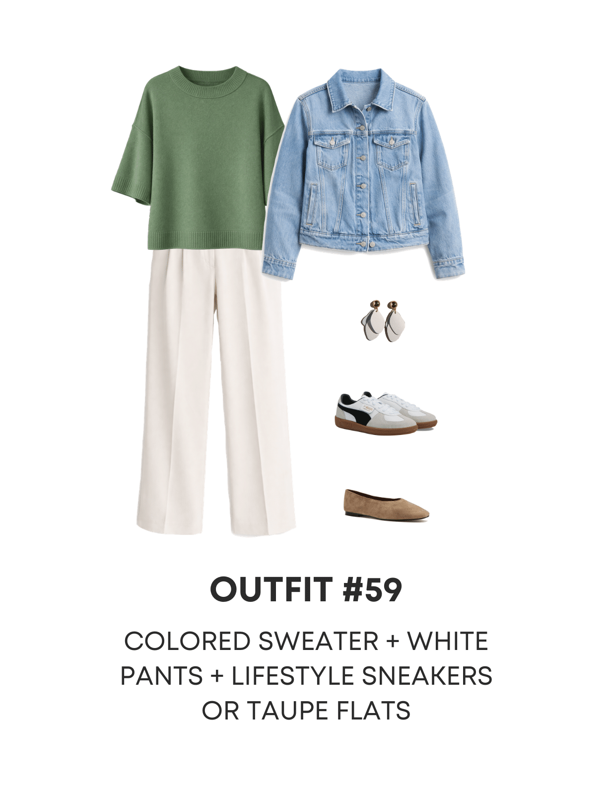Four Cute Casual Spring Outfits — Spring 2026 Guide NOW AVAILABLE! + spring outfits to copy from the spring guide + putting me together + green short sleeve soft sweater + cream pants + versatile denim jacket + white and black lifestyle sneakers
