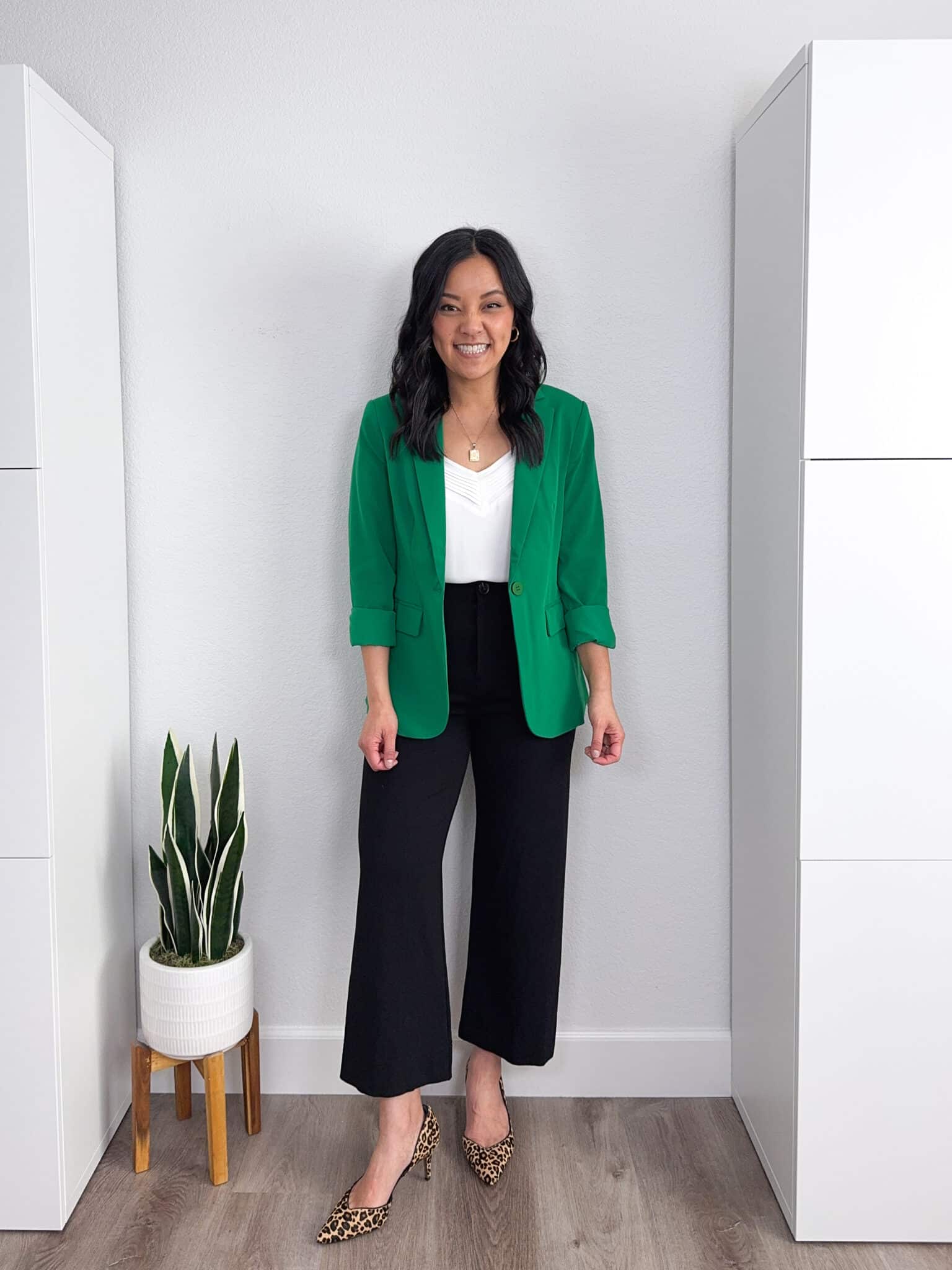12 really affordable spring favorites from Amazon + Amazon items for spring + putting me together + easy to wear versatile green blazer + white blouse + cropped black comfortable pants + leopard print heels