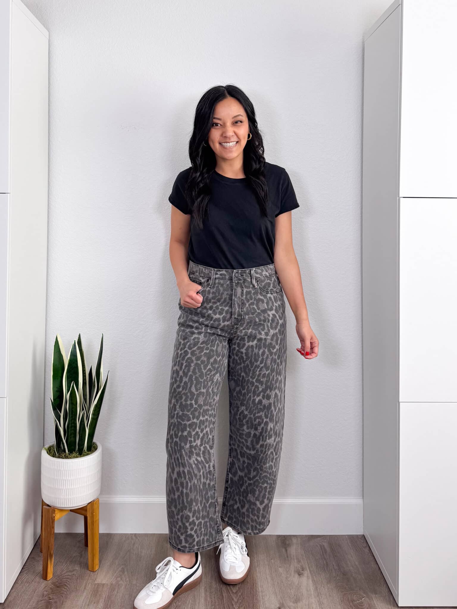 spring try-on haul + putting me together + Spring Try-On Haul: Fun Pieces That Are Stylish, Fresh, and Easy to Wear from Amazon, Old Navy, Ann Taylor, Spanx, and More + versatile black t-shirt + white and black sneakers + gray leopard print barrel leg jeans