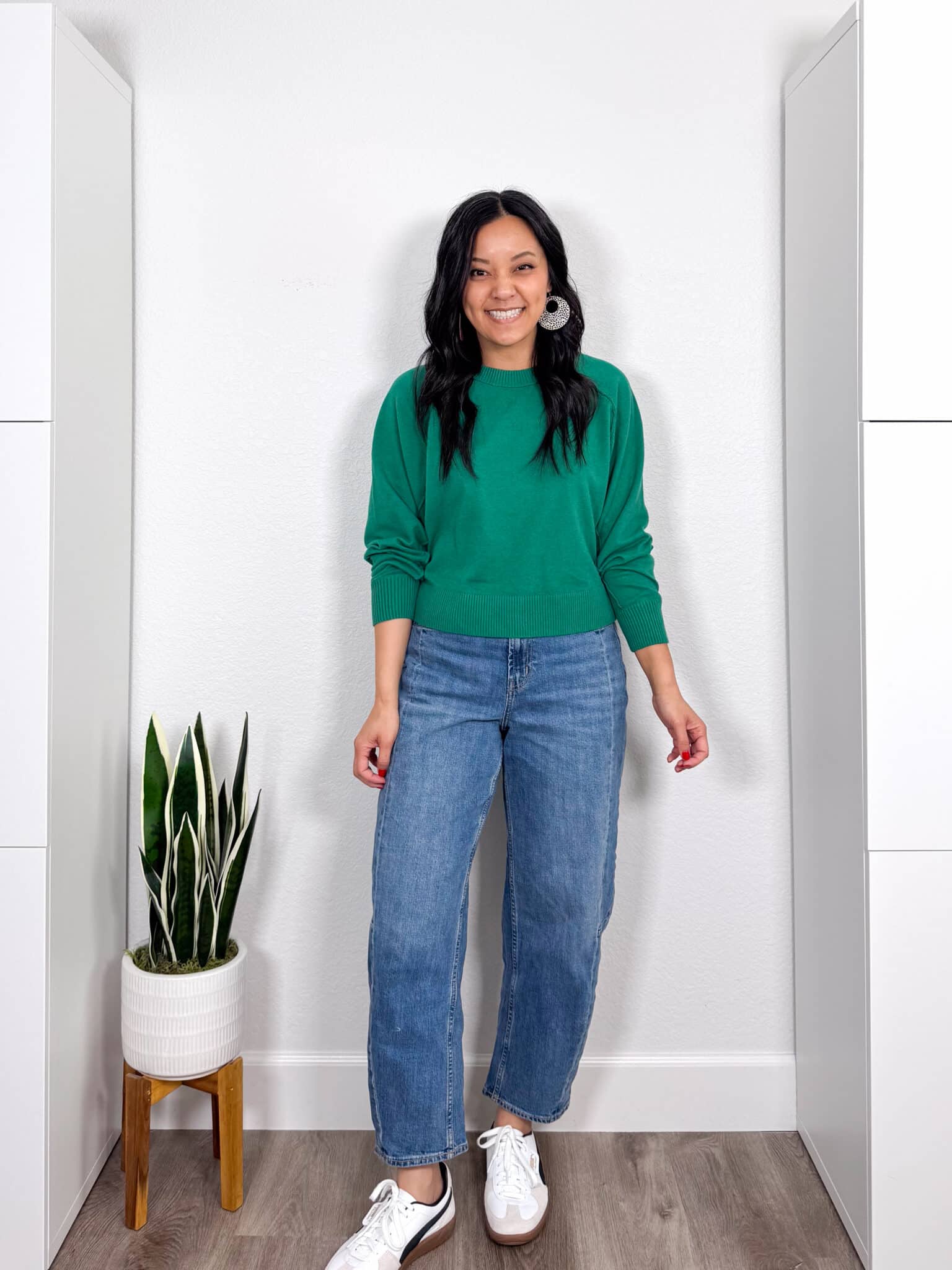 spring try-on haul + putting me together + Spring Try-On Haul: Fun Pieces That Are Stylish, Fresh, and Easy to Wear from Amazon, Old Navy, Ann Taylor, Spanx, and More + soft and lightweight spring green sweater + barrel leg jeans + white and black lifestyle sneakers