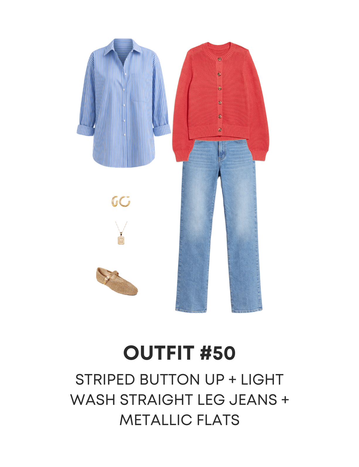 Four Cute Casual Spring Outfits — Spring 2026 Guide NOW AVAILABLE! + spring outfits to copy from the spring guide + putting me together + comfortable light wash straight leg jeans + orange cardigan sweater + striped blue and white blouse + metallic flats