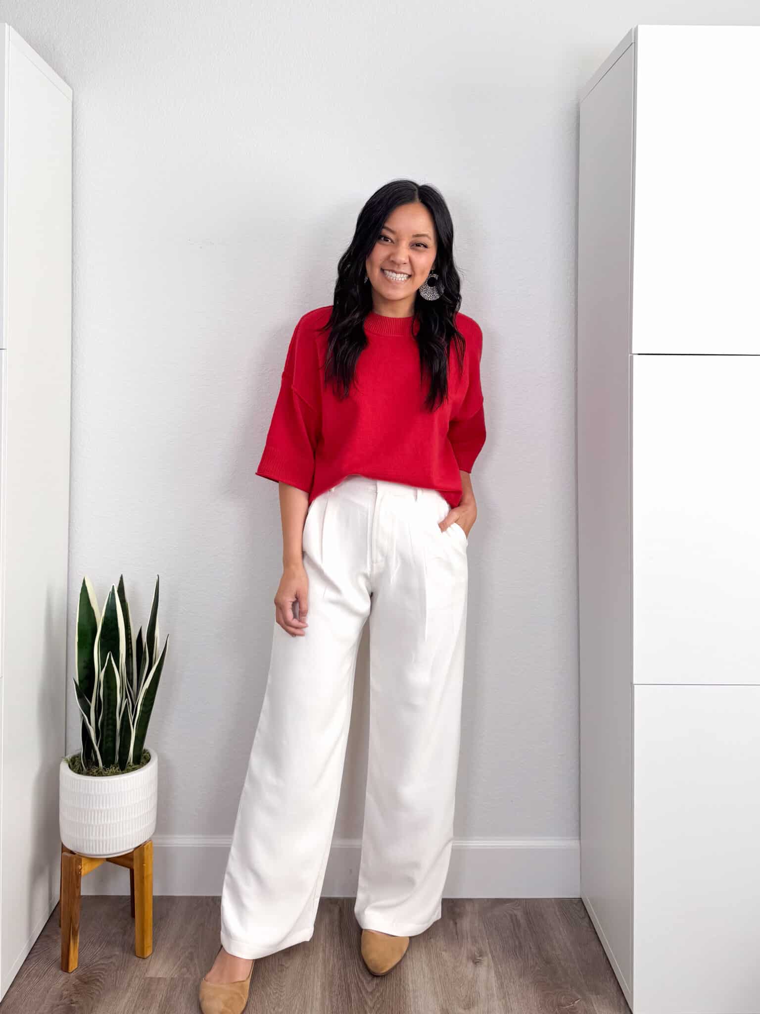spring try-on haul + putting me together + Spring Try-On Haul: Fun Pieces That Are Stylish, Fresh, and Easy to Wear from Amazon, Old Navy, Ann Taylor, Spanx, and More + versatile black t-shirt + soft short sleeve green spring sweater + comfortable and soft white pants + tan flats