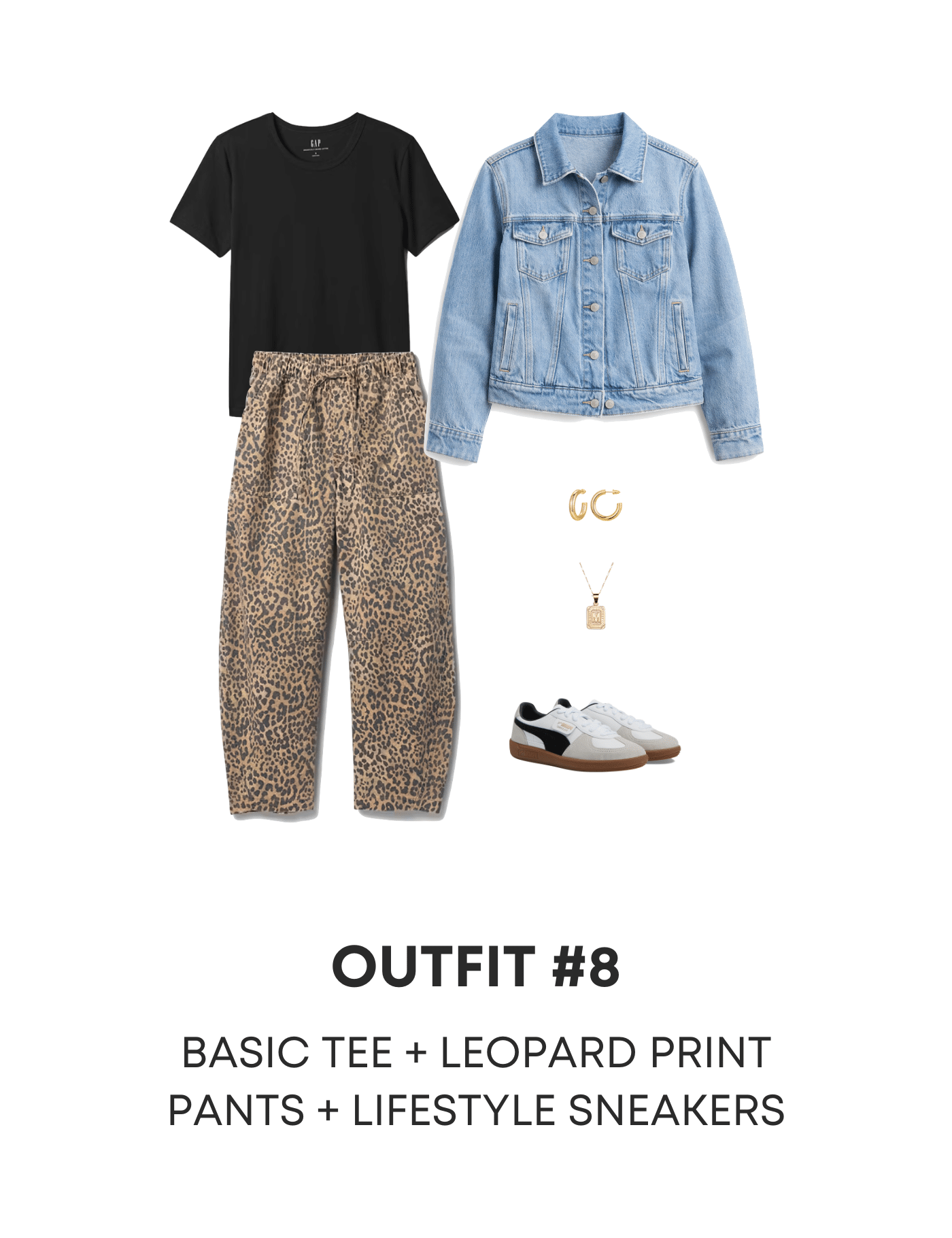 Casual Spring Capsule Wardrobe for 2026 (30 Pieces, 88 Easy Outfit Combos) + putting me together + casual capsule wardrobe + black t-shirt + comfortable denim jacket + stylish leopard print barrel leg pants + white lifestyle sneakers