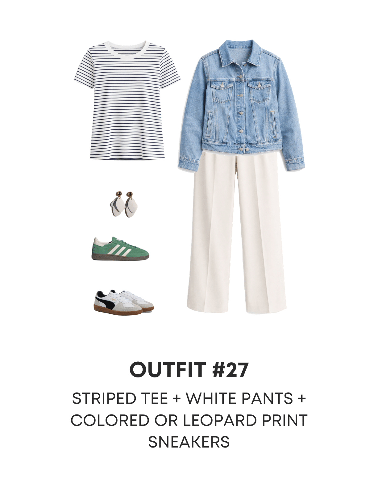 Casual Spring Capsule Wardrobe for 2026 (30 Pieces, 88 Easy Outfit Combos) + putting me together + casual capsule wardrobe + striped tee + denim jacket + green sneakers + white wide leg trousers