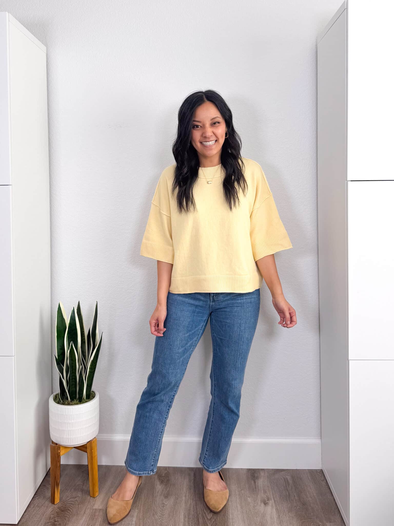 12 really affordable spring favorites from Amazon + Amazon items for spring + putting me together + soft short sleeve yellow sweater + comfortable straight leg jeans