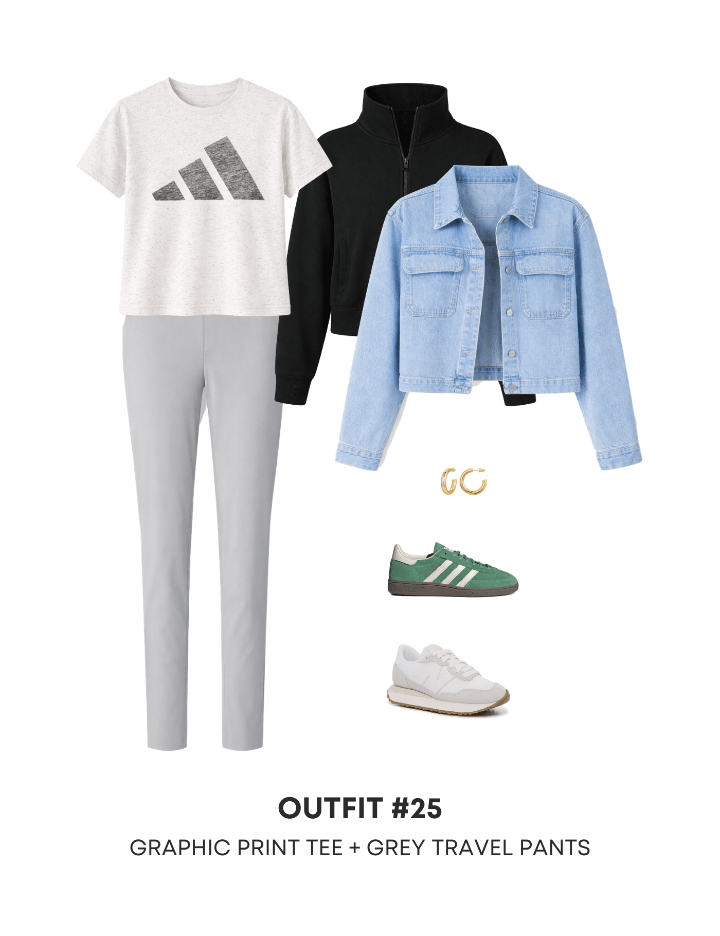 Spring Athleisure Capsule Wardrobe for 2026 + Easy Outfit Ideas + spring athleisure capsule wardrobe + easy athleisure outfit ideas + putting me together + easy white Tee + Slim gray Athletic Pants + denim jacket + black quarter zip sweatshirt + green sneakers + white sneakers