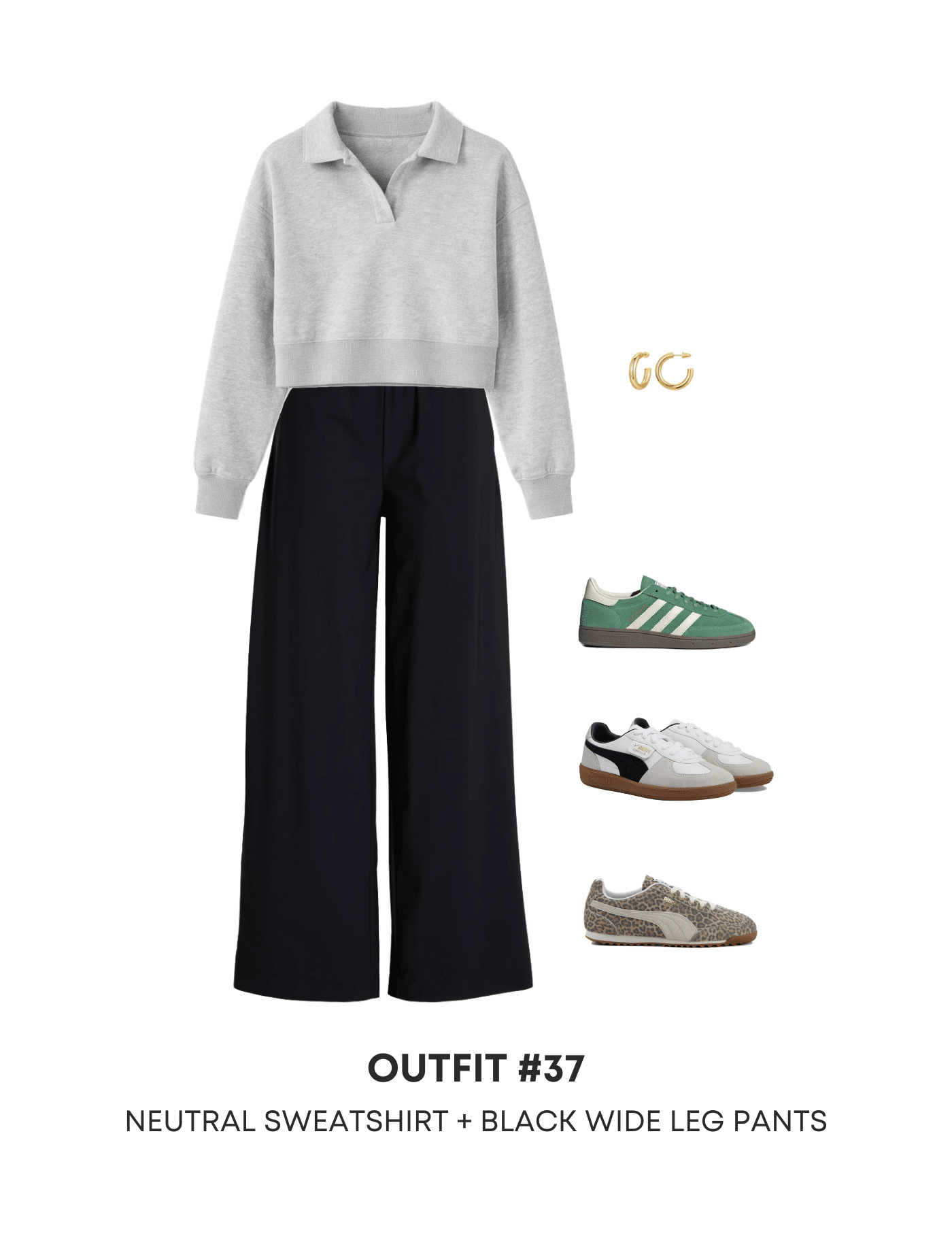 Spring Athleisure Capsule Wardrobe for 2026 + Easy Outfit Ideas + spring athleisure capsule wardrobe + easy athleisure outfit ideas + putting me together + Wide Leg black Athleisure Pants + gray sweatshirt + green sneakers + white and black sneakers + leopard sneakers