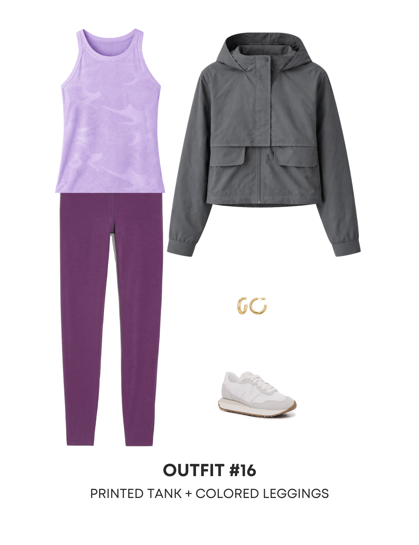 Spring Athleisure Capsule Wardrobe for 2026 + Easy Outfit Ideas + spring athleisure capsule wardrobe + easy athleisure outfit ideas + putting me together + purple camo tank top + purple leggings + gray zip up sporty athleisure jacket + white sneakers + versatile gold hoop earrings