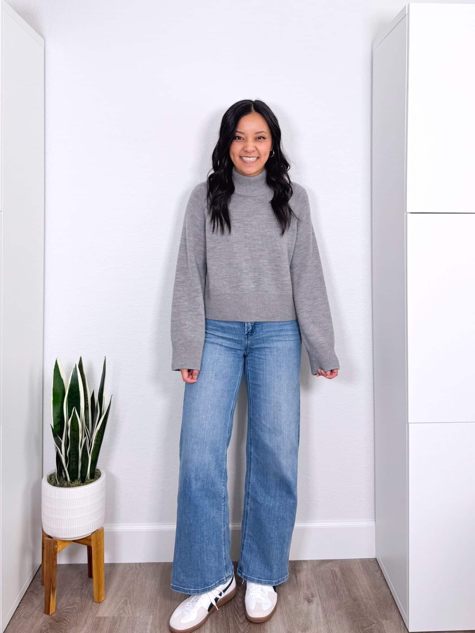 My BEST Pants Recommendations for Spring & Summer + best pants for spring & summer + My BEST Pants for Spring & Summer That You'll Want to Live In + putting me together + soft gray sweater + soft wide leg jeans + white and black sneakers