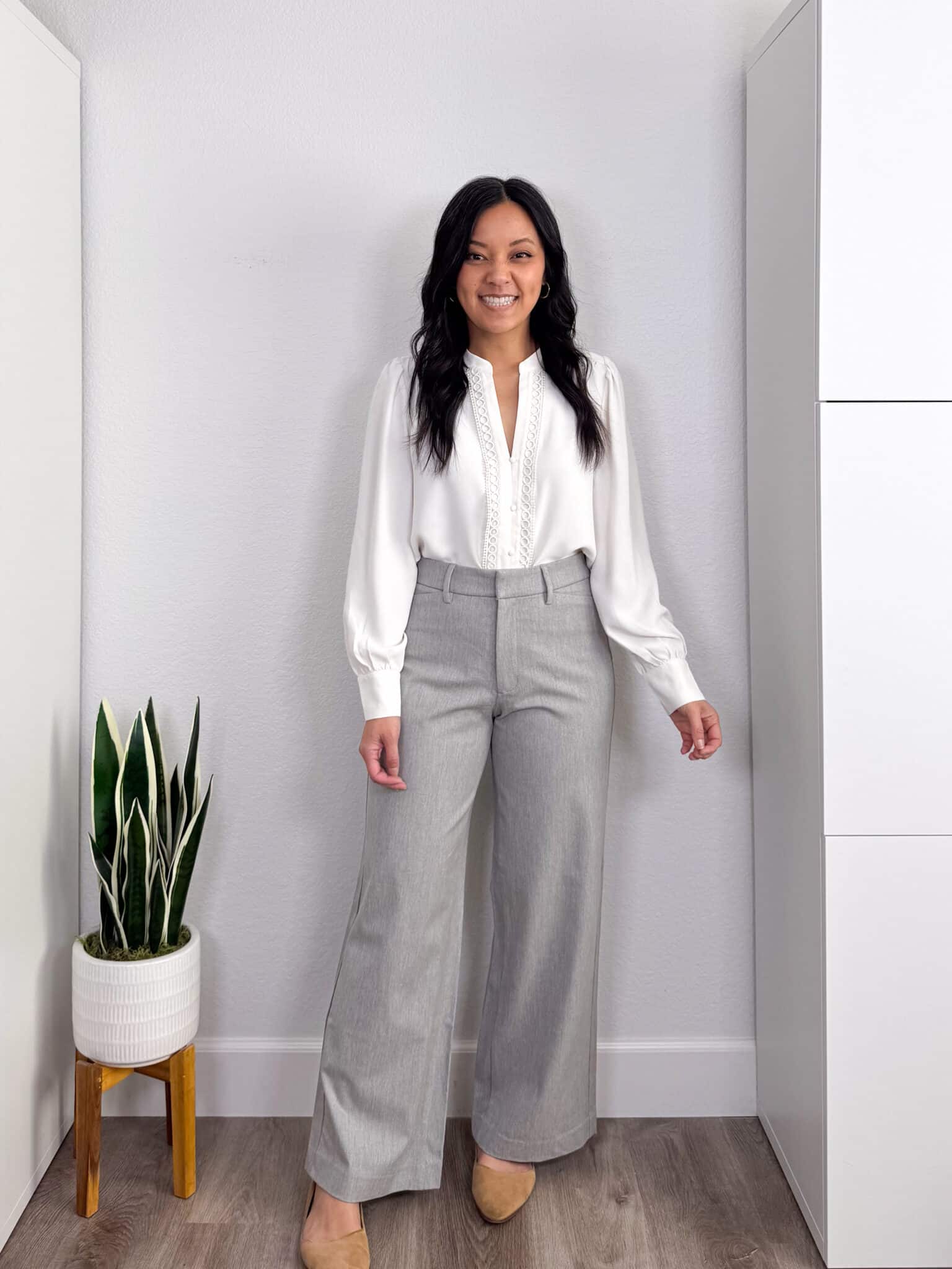 My BEST Pants Recommendations for Spring & Summer + best pants for spring & summer + My BEST Pants for Spring & Summer That You'll Want to Live In + putting me together + pretty white blouse + comfortable grey pants + tan flats + gold earrings